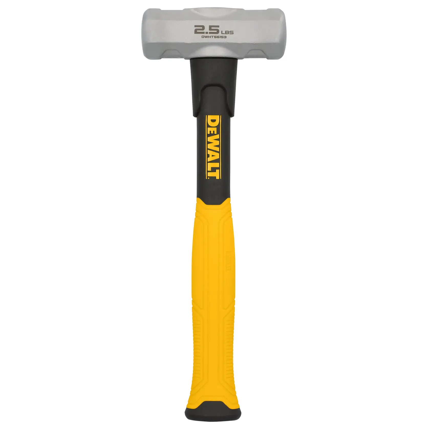 A DEWALT 2.5 lb sledge hammer with a yellow and black handle, shown upright against a white background.
