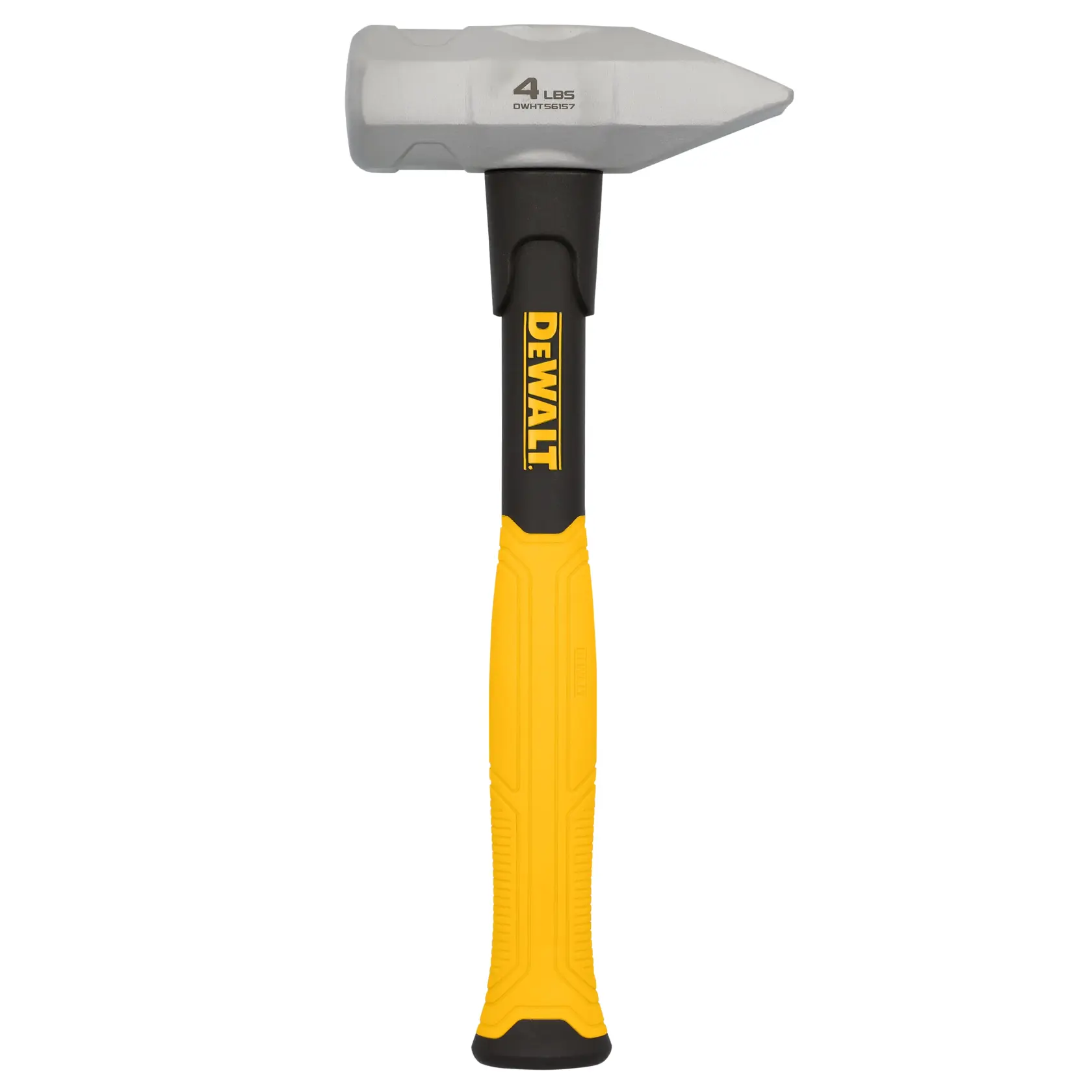 A DEWALT 4-pound sledgehammer with a yellow and black handle, shown vertically. The head is metallic gray with a pointed end and the DEWALT branding is visible on the handle.