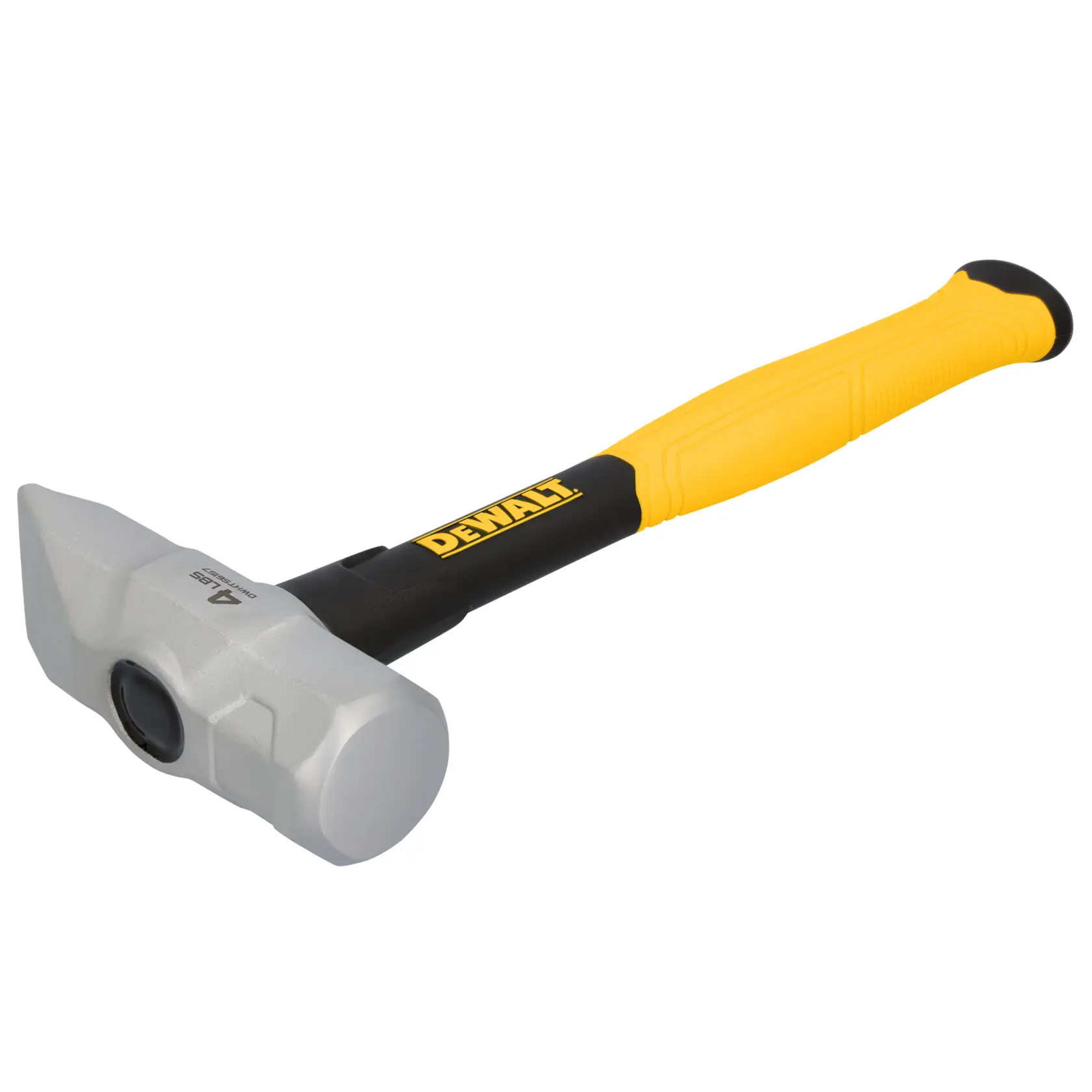 A DEWALT 4 lb sledgehammer with a yellow and black handle and a silver metal head, shown on a white background.