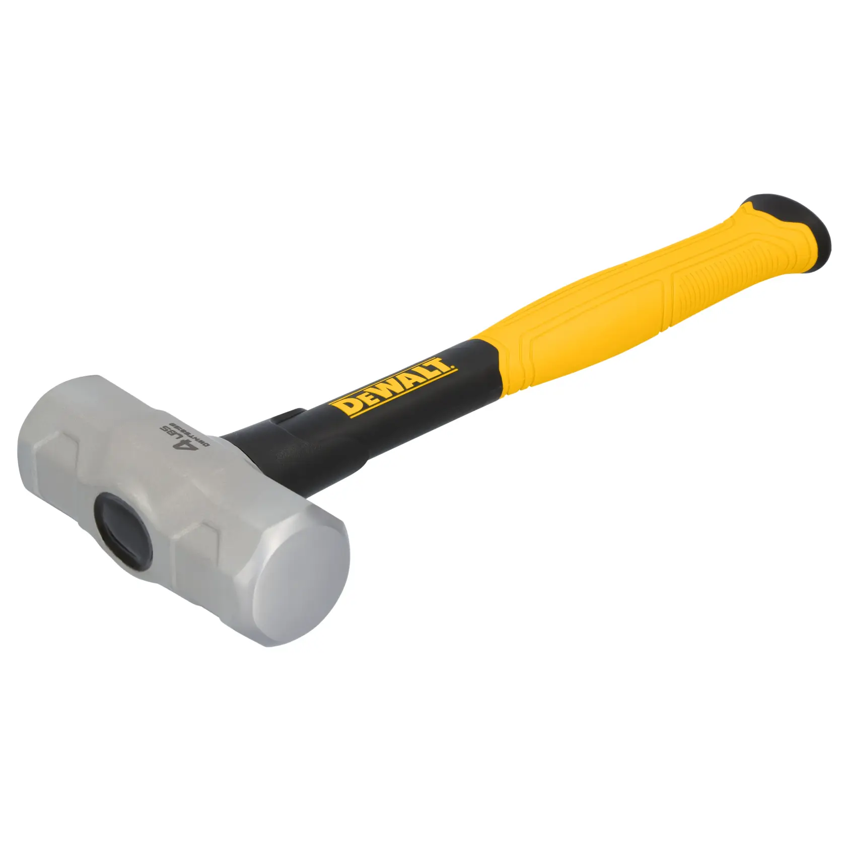 A DEWALT sledgehammer with a yellow and black handle and a metallic double-sided head, shown against a white background.