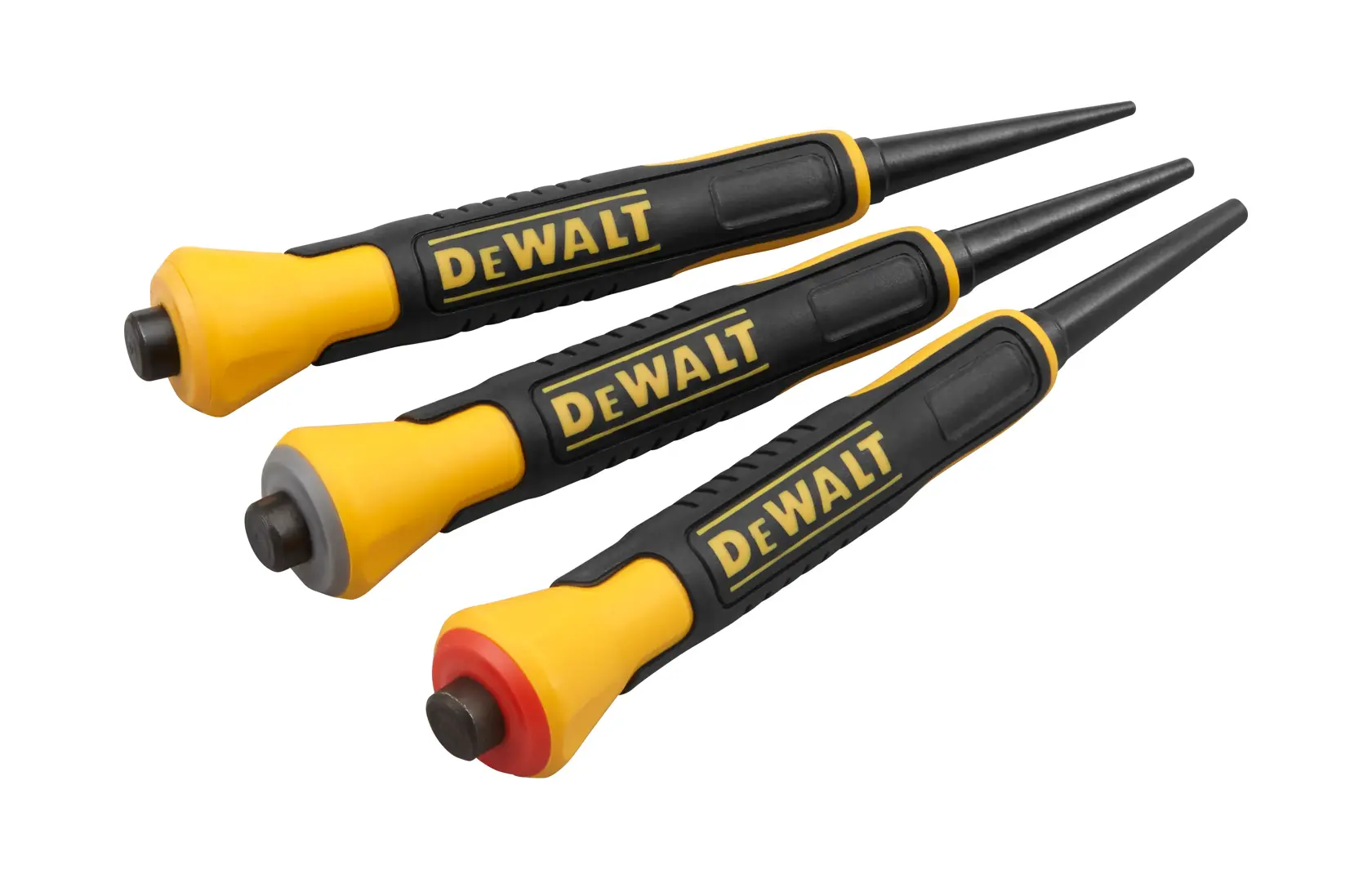 Three DEWALT steel punches with yellow and black grips, each has a colored ring, shown on a white background.