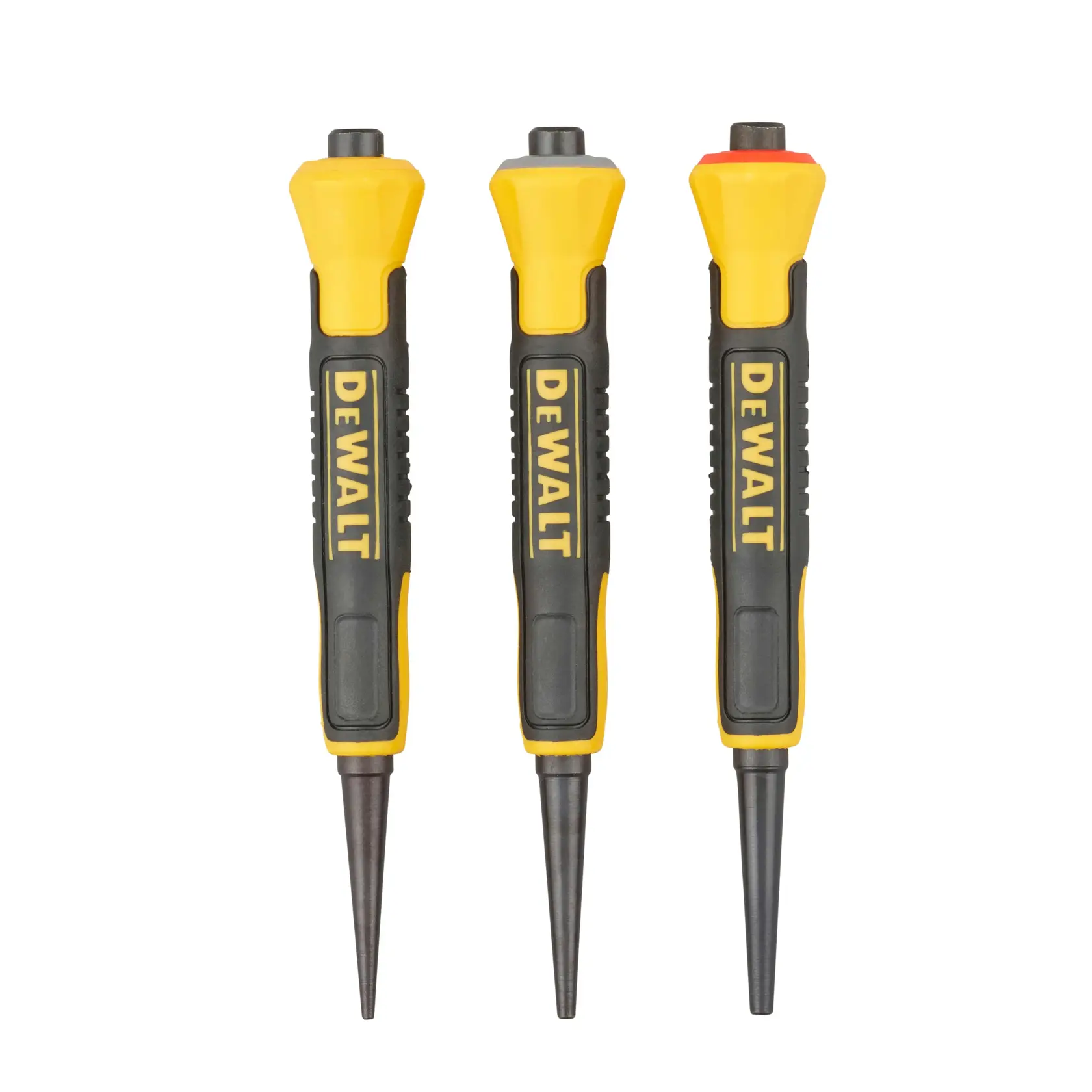 Three DEWALT nail sets with black and yellow handles, arranged upright and evenly spaced against a white background.
