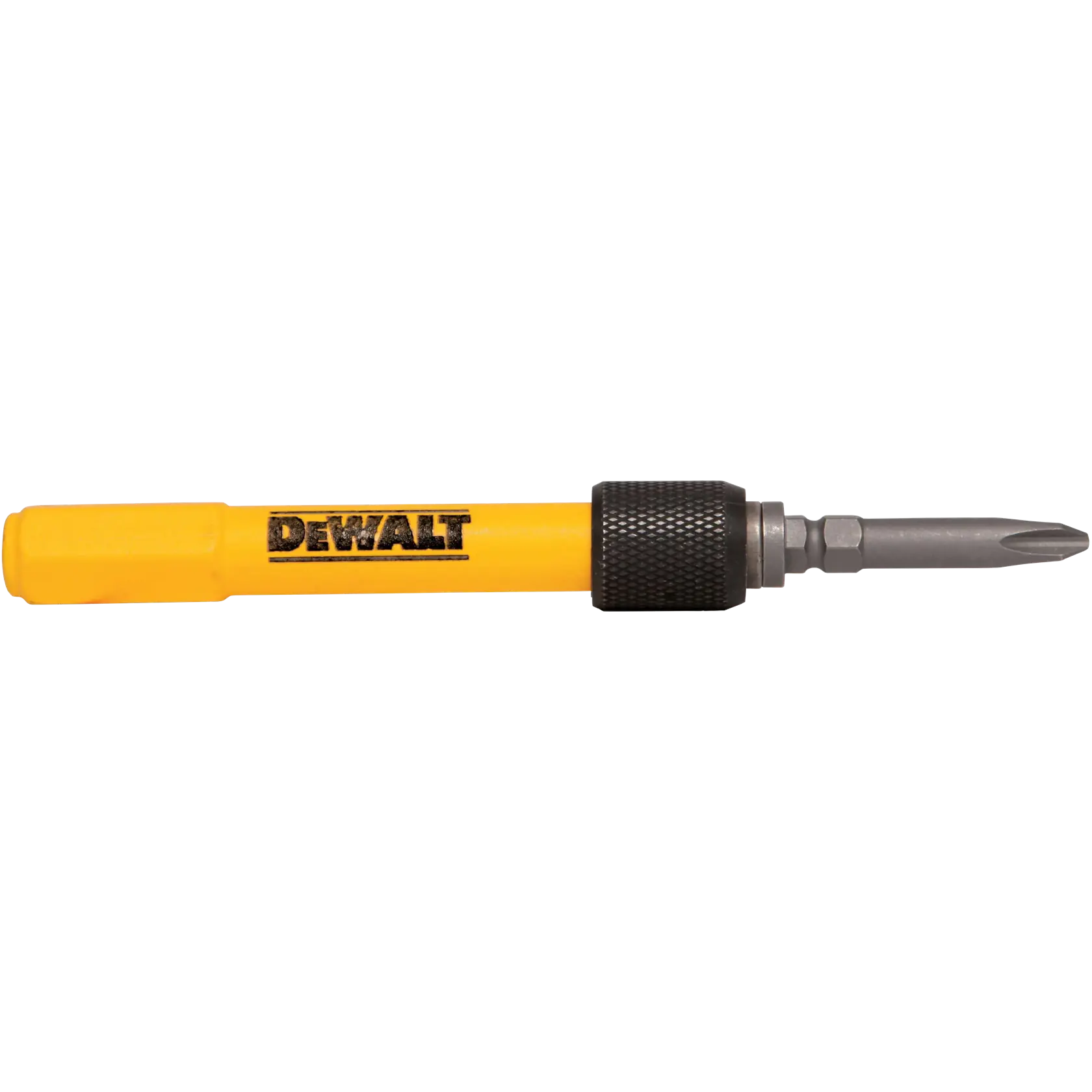 A DEWALT branded yellow screwdriver with a black grip and a Phillips screwdriver bit attached.