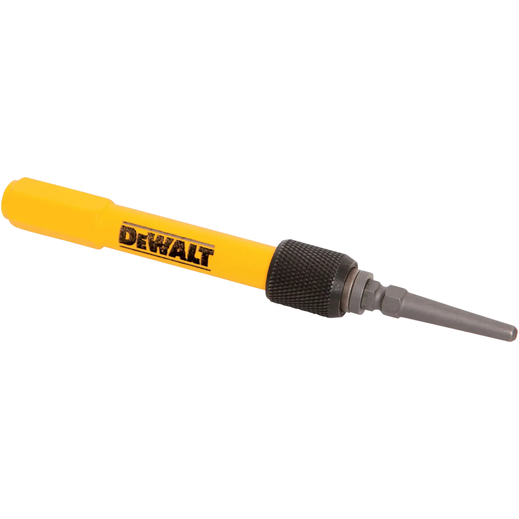 A DEWALT automatic center punch tool with a yellow handle and a metal tip, designed for marking center points on materials.