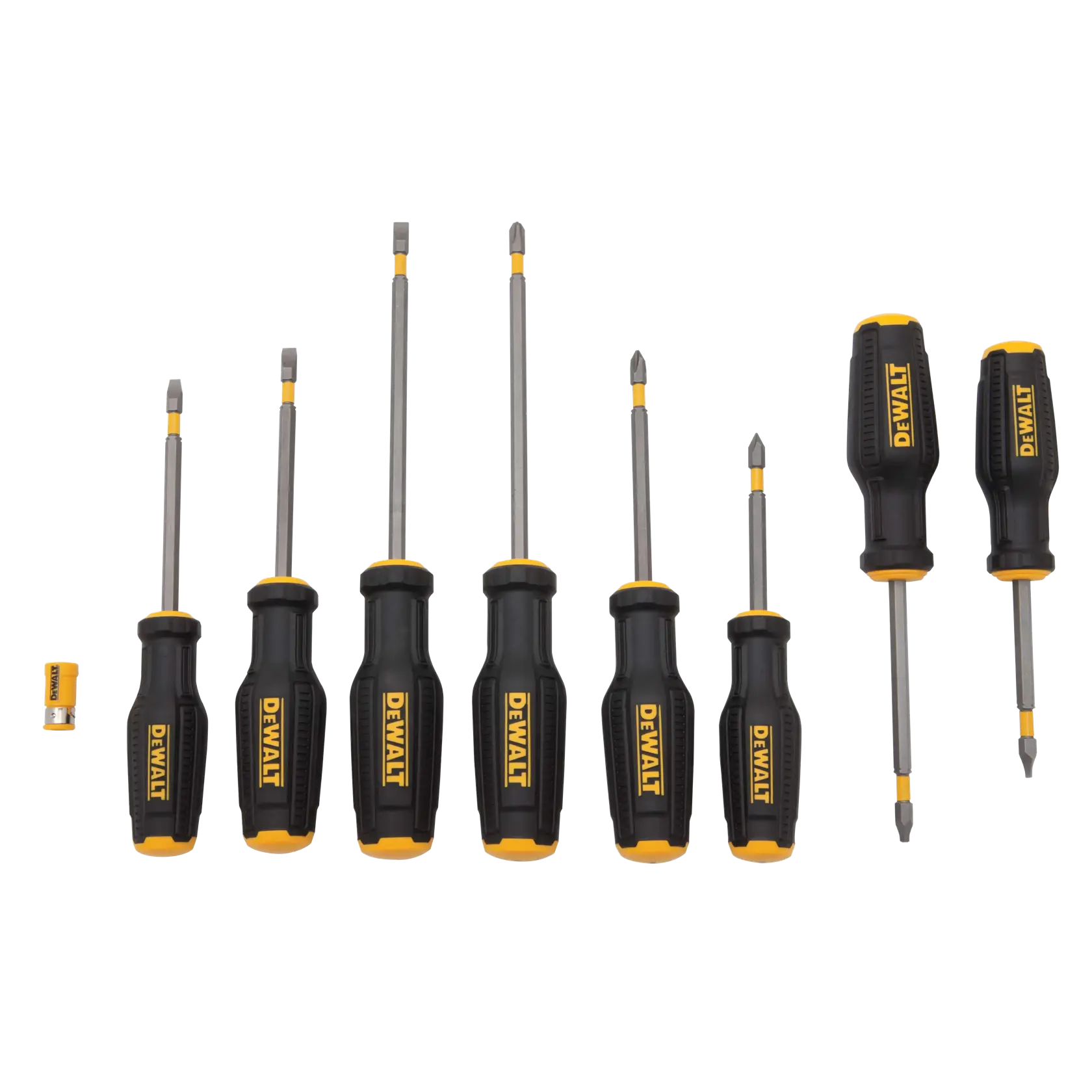 A set of eight DEWALT screwdrivers and one small bit, all with black and yellow handles, displayed in a row on a white background. The set includes both flathead and Phillips head screwdrivers in various sizes.
