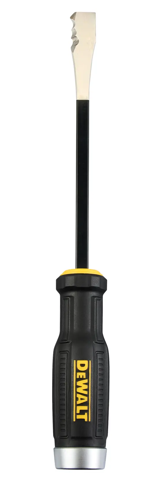 A DEWALT flat-head screwdriver with a black and yellow handle and a metal tip, shown against a white background.
