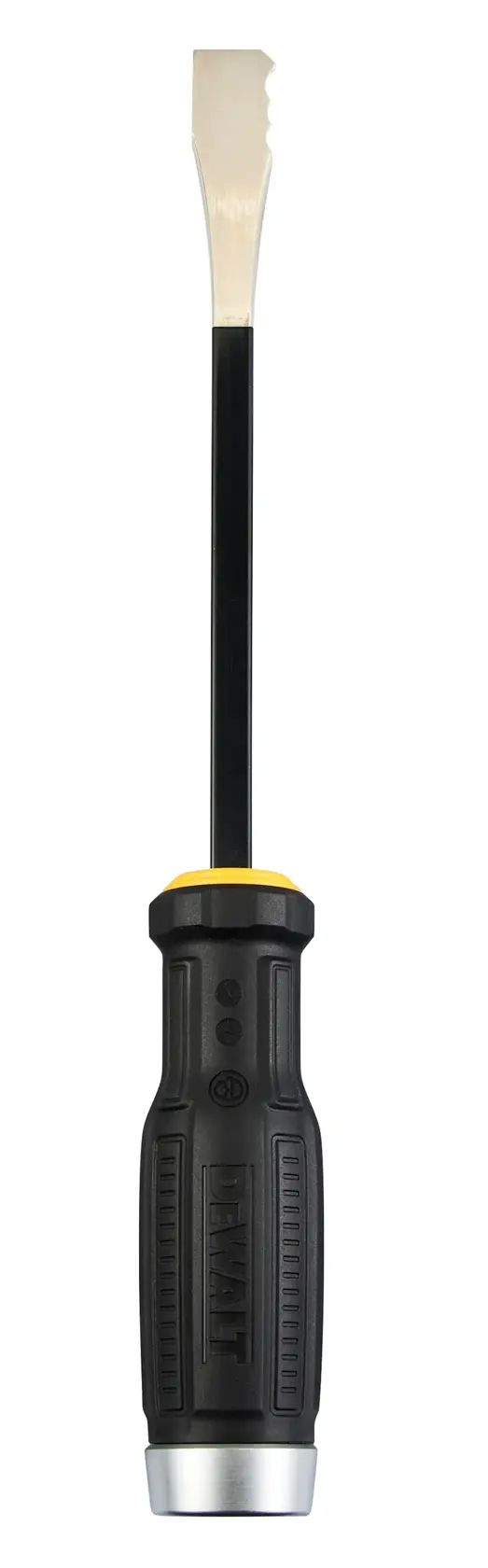 A DEWALT screwdriver with a black ergonomic handle, a yellow accent ring near the handle, and a flat metal tip. The shaft is black and straight. The handle features textured grips for comfortable use.