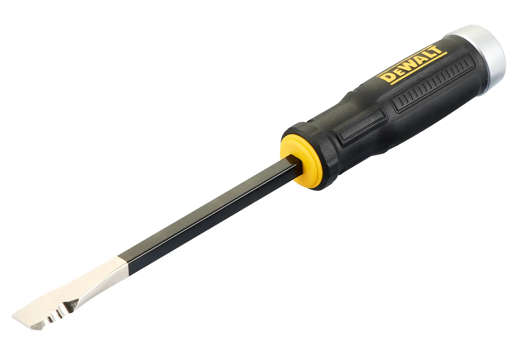 A DEWALT demolition screwdriver with a black and yellow handle, metal end cap, and a flat, durable chisel tip designed for heavy-duty prying and chiseling tasks.
