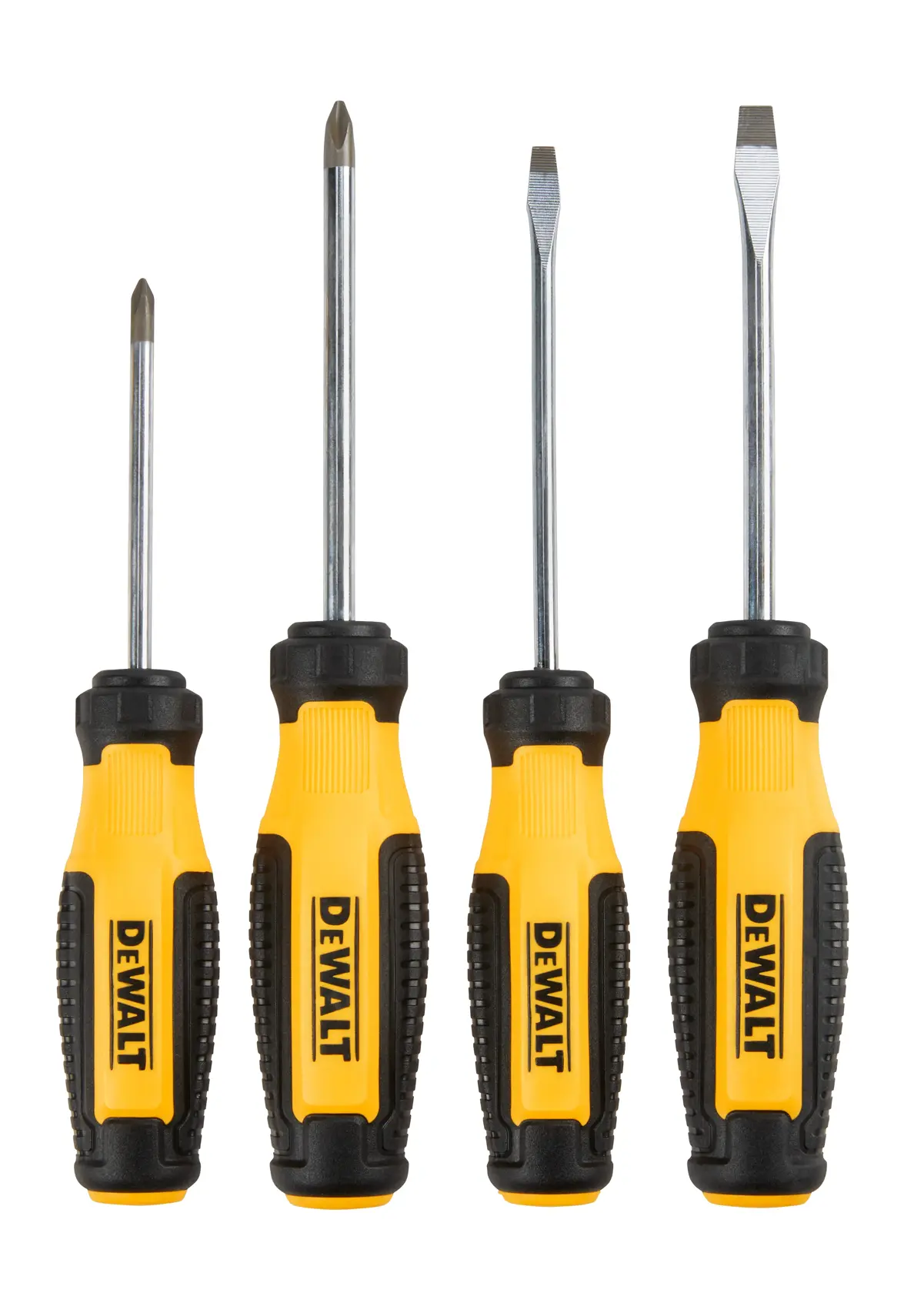 Four DEWALT screwdrivers with yellow and black handles are arranged side by side. Two are Phillips head screwdrivers and two are flat head screwdrivers.