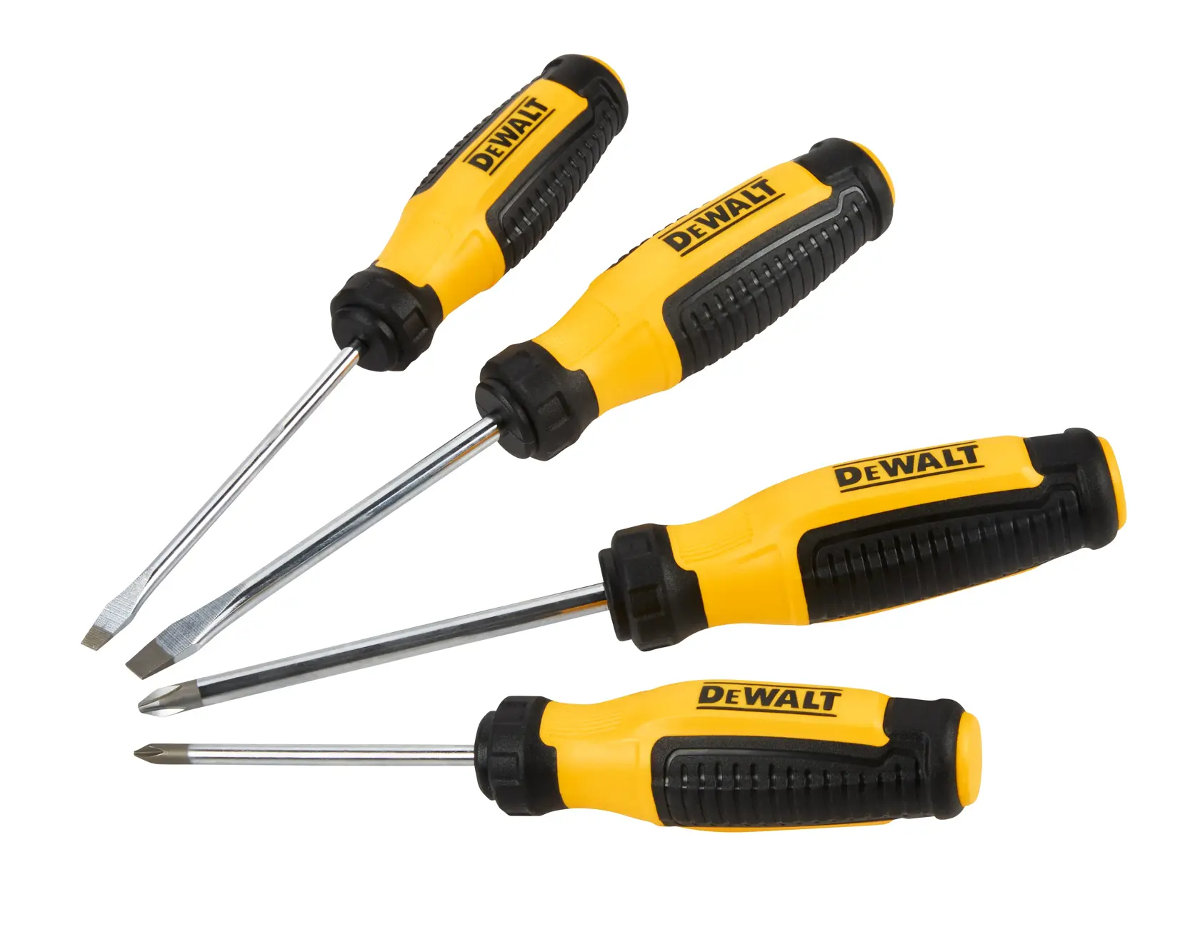 Four DEWALT screwdrivers with yellow and black handles, featuring two flathead and two Phillips head tips, arranged on a white background.