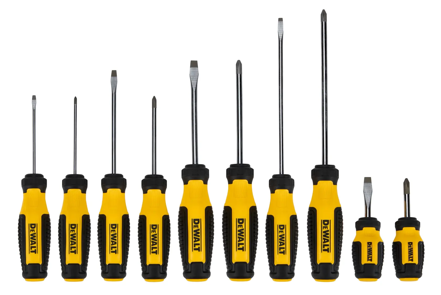 Nine DEWALT screwdrivers with yellow and black handles are arranged in a row. The set includes both flathead and Phillips head screwdrivers of various sizes.