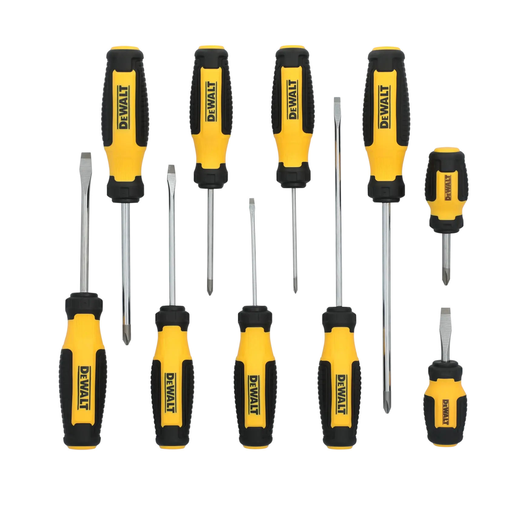 A set of eleven DEWALT screwdrivers with black and yellow handles, arranged in two rows. The set includes both flathead and Phillips head screwdrivers in various sizes.