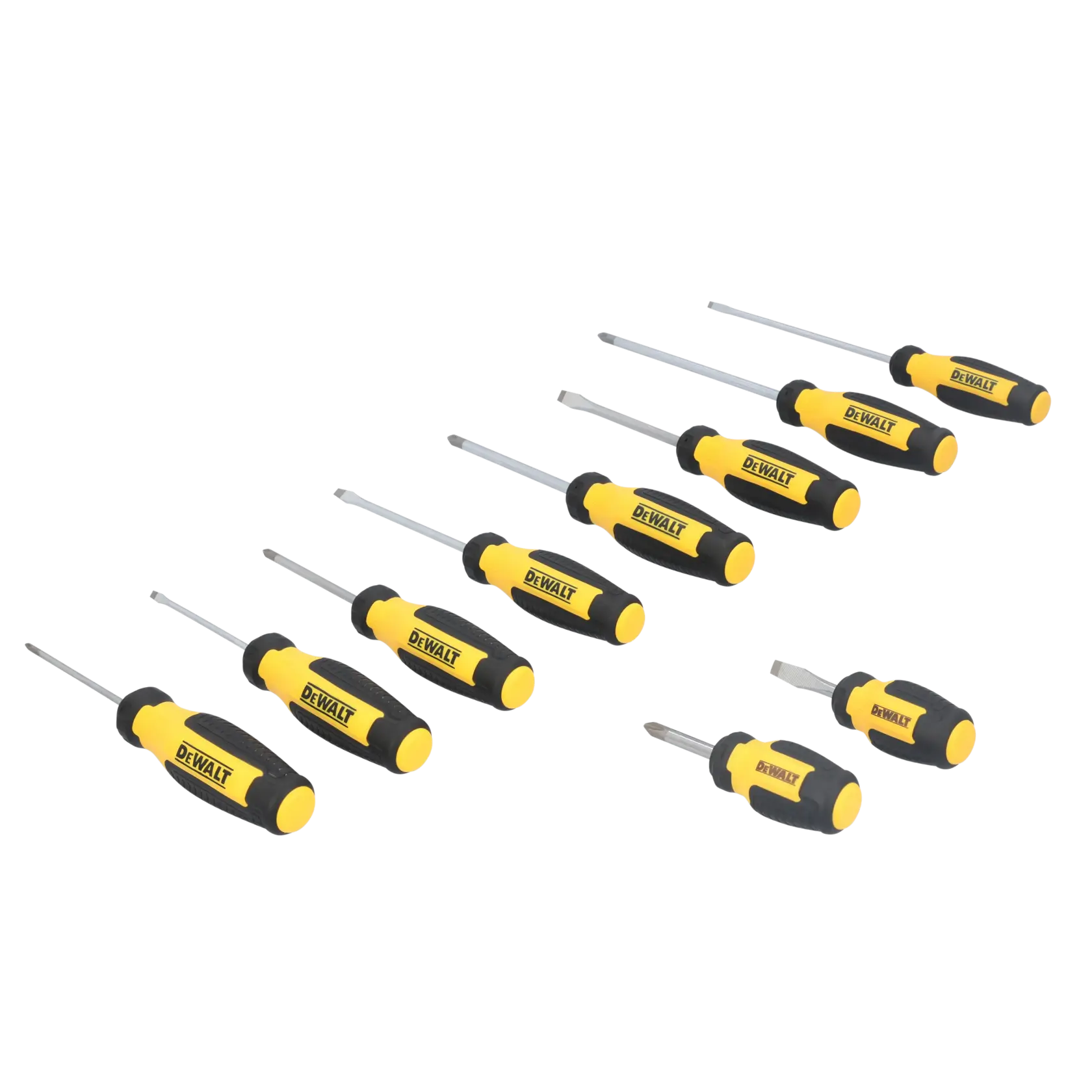 A set of nine DEWALT screwdrivers with yellow and black handles arranged in two diagonal rows. The screwdrivers include both flathead and Phillips head types, with varying sizes.