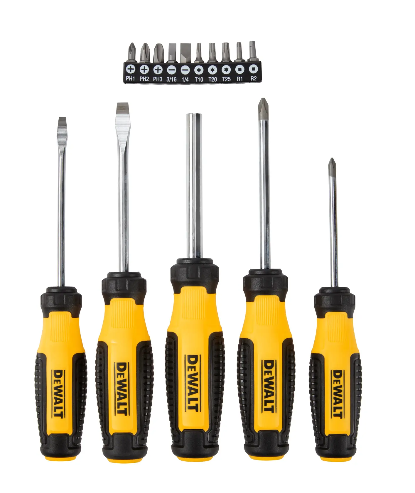 A set of five DEWALT screwdrivers with yellow and black handles, accompanied by a strip of assorted screwdriver bits labeled with different sizes and types.