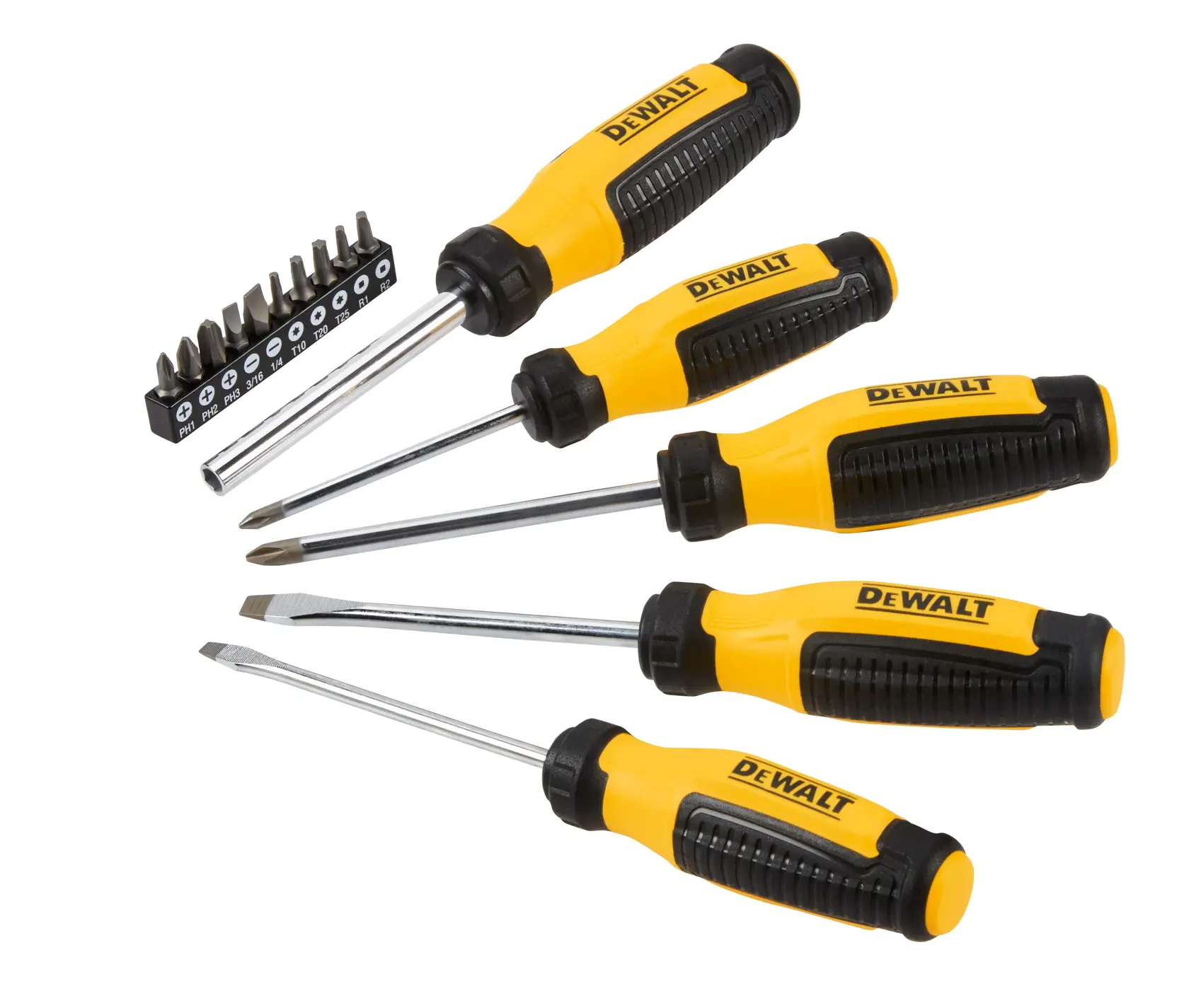 A set of DEWALT yellow and black screwdrivers and interchangeable screwdriver bits, arranged on a white background.