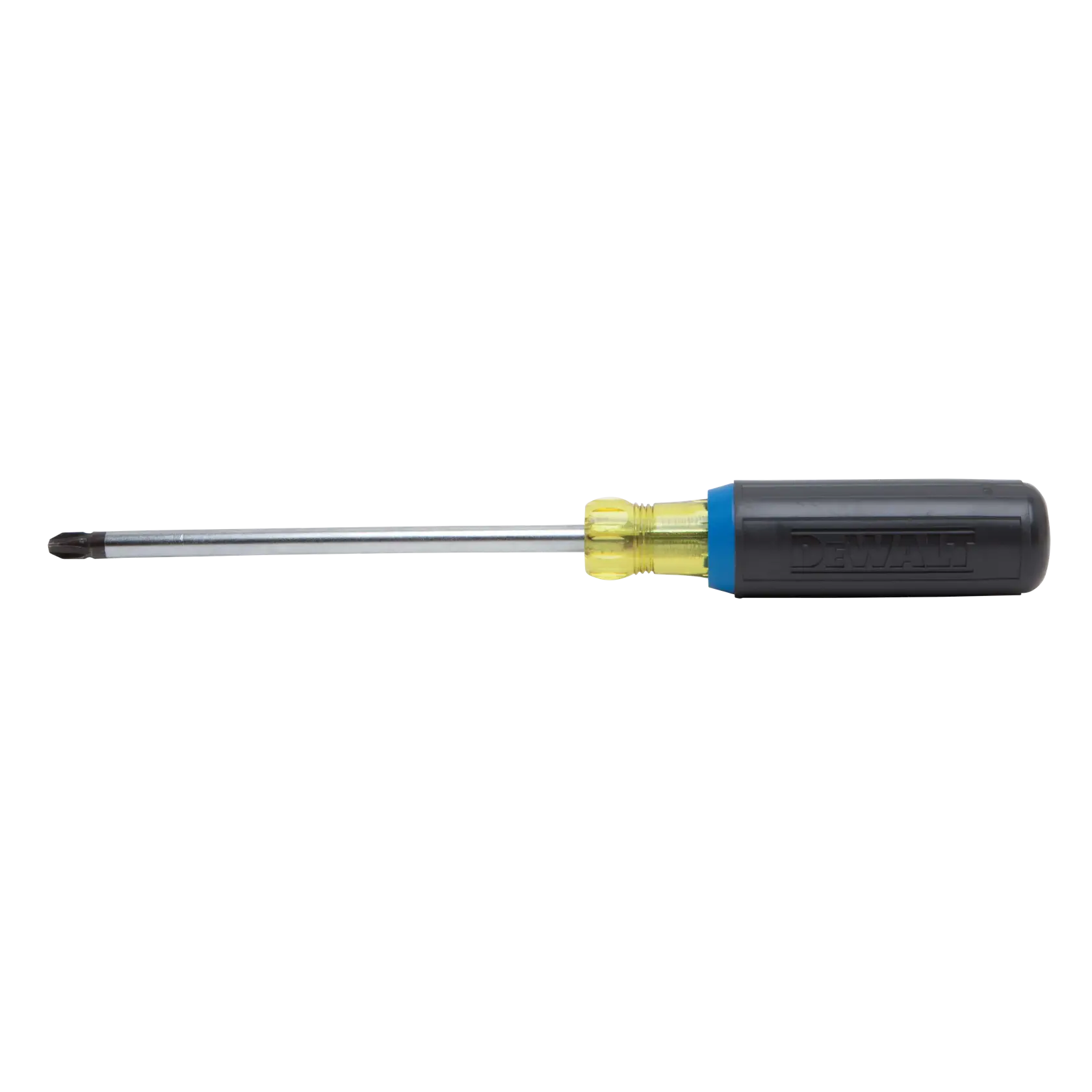 A DEWALT Phillips head screwdriver with a yellow and black handle and a long metal shaft, shown against a white background.