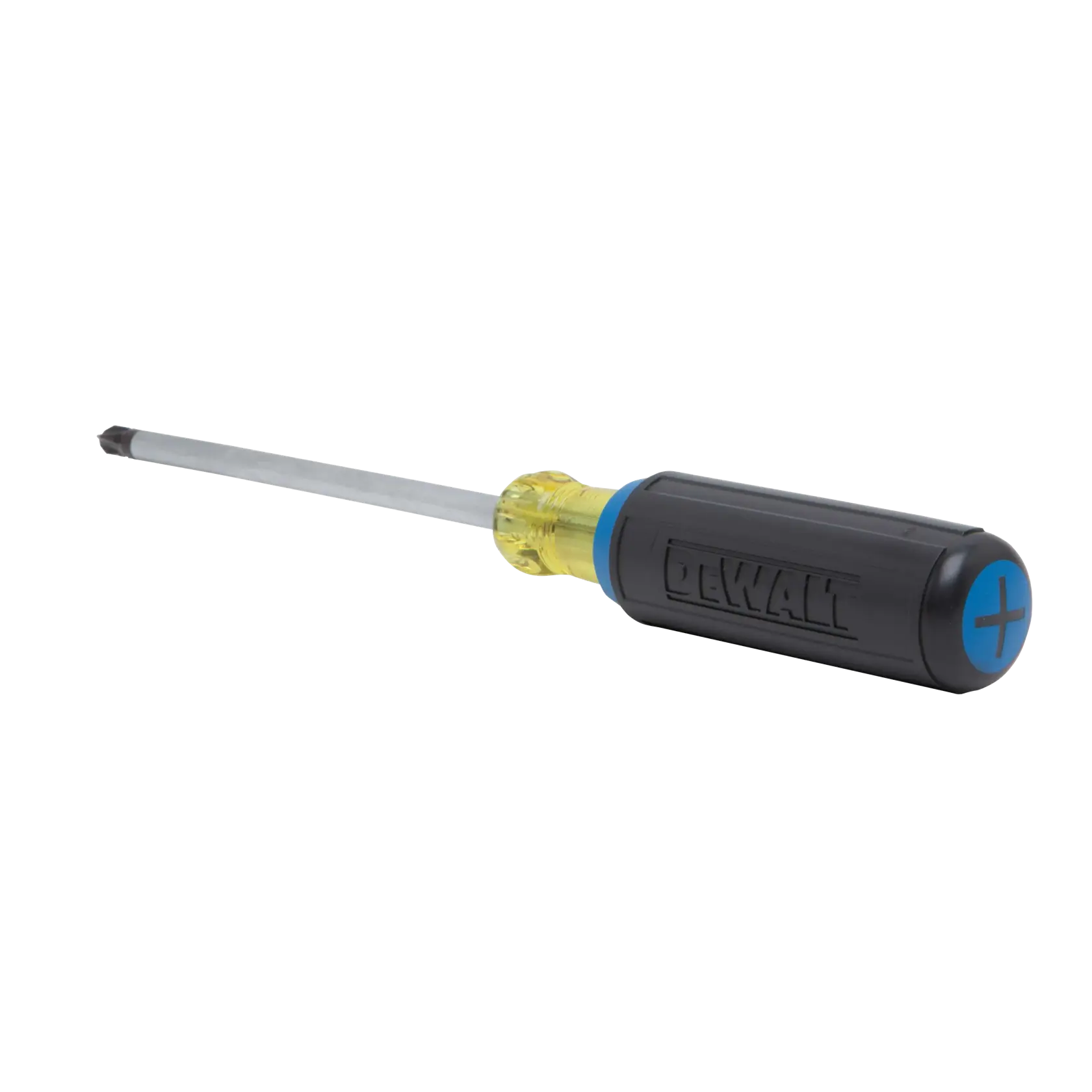 A DEWALT Phillips head screwdriver with a black and yellow handle and a blue Phillips symbol on the end.