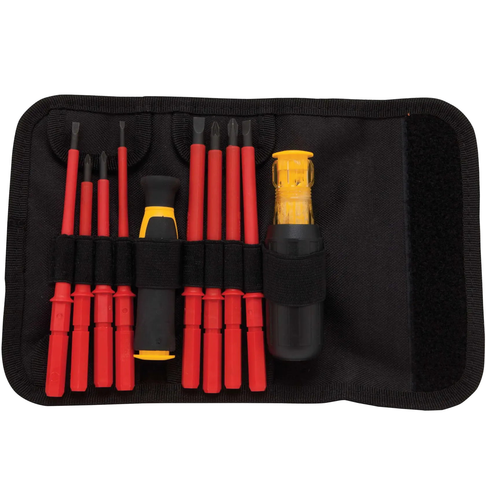 A set of insulated screwdrivers and a voltage tester in a black fabric pouch, with red handles and black grips, organized neatly in individual slots.