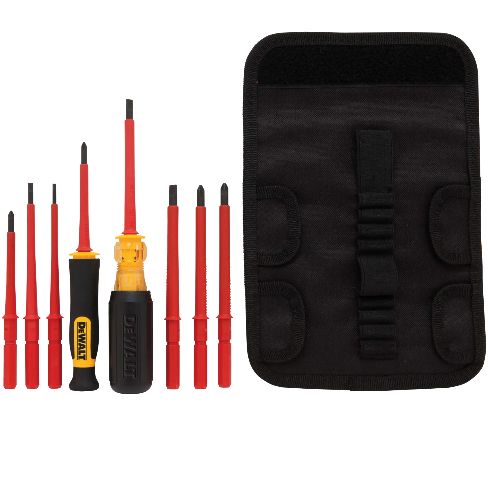 A DEWALT insulated screwdriver set, including several screwdrivers with red handles and two black and yellow handles, placed next to a black carrying pouch.