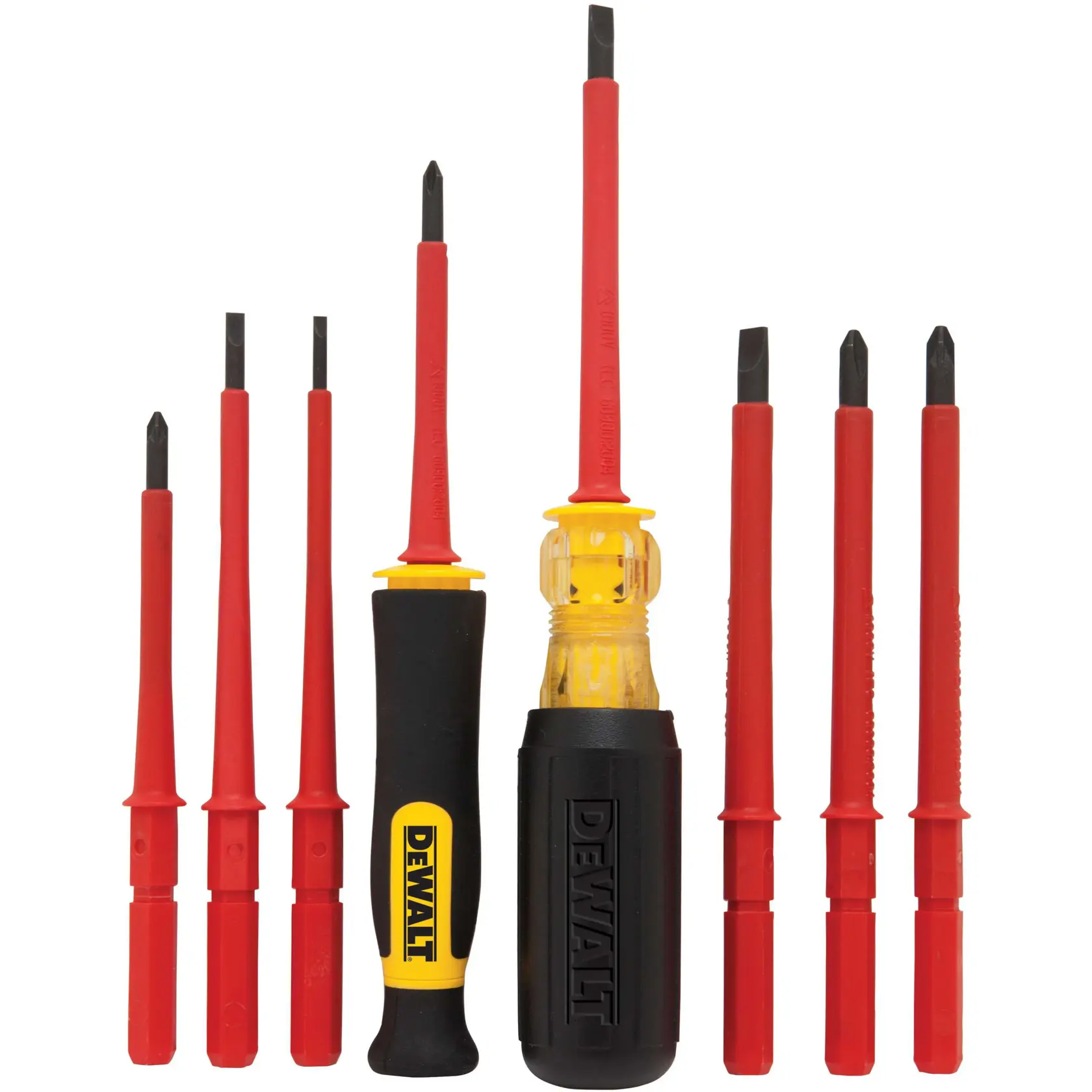 A set of eight insulated DEWALT screwdrivers with red shafts and black tips, and two handles, one yellow and black and one black and transparent yellow, neatly arranged upright in a row. Suitable for electrical work.