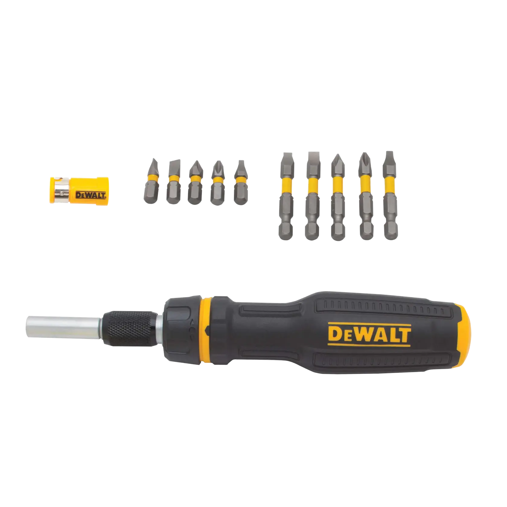 A DEWALT screwdriver set featuring a black and yellow handle and several interchangeable bits of different shapes and sizes, arranged above the handle. The set also includes a yellow bit holder.
