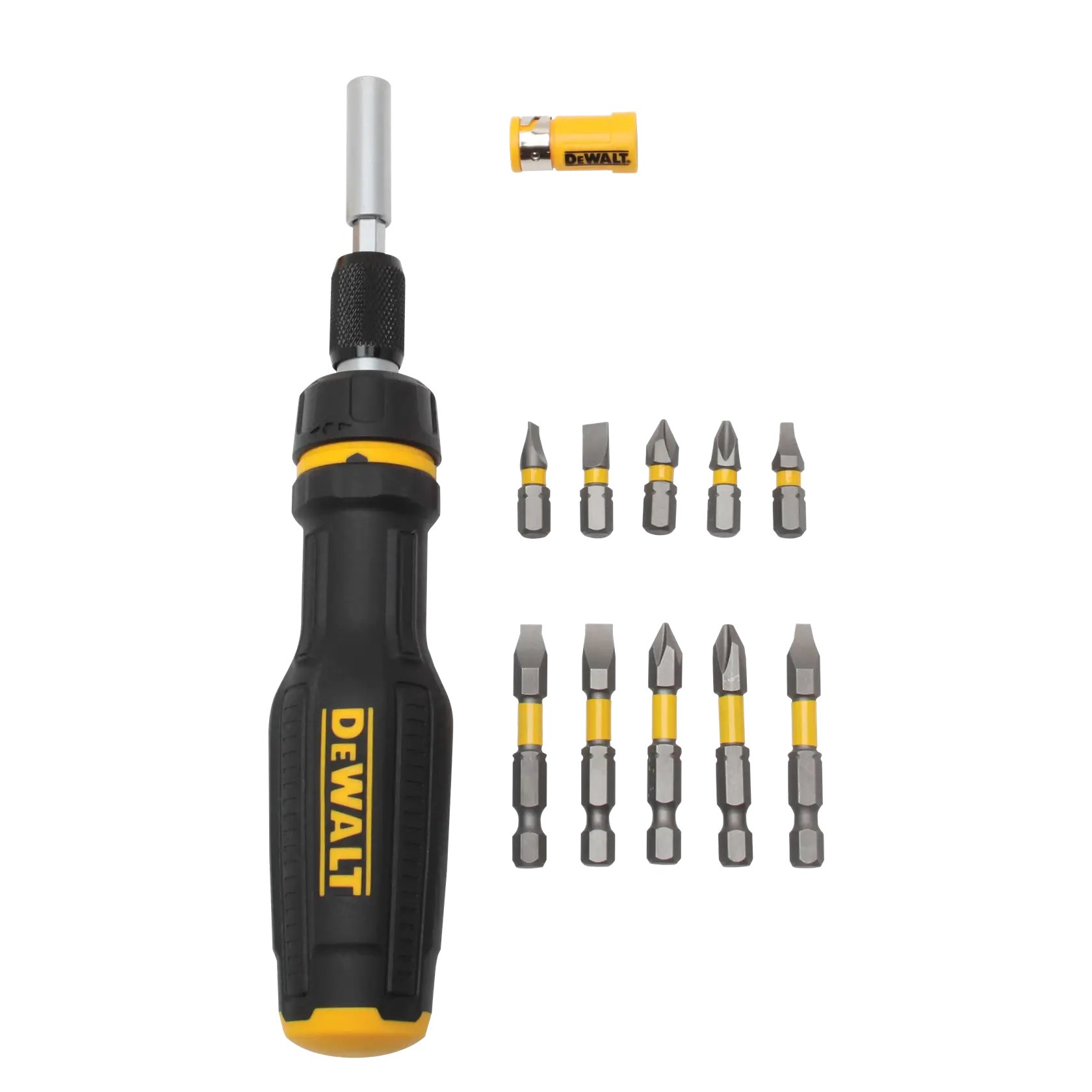 A DEWALT multi-bit screwdriver set is shown. It includes a black and yellow handle, a magnetic bit holder, and twelve interchangeable screwdriver bits arranged in two rows.