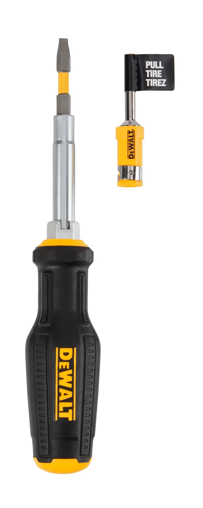 A DEWALT multi-bit screwdriver with a black and yellow handle, featuring interchangeable bits and a separate bit holder labeled 'PULL TIRE TIREZ'.
