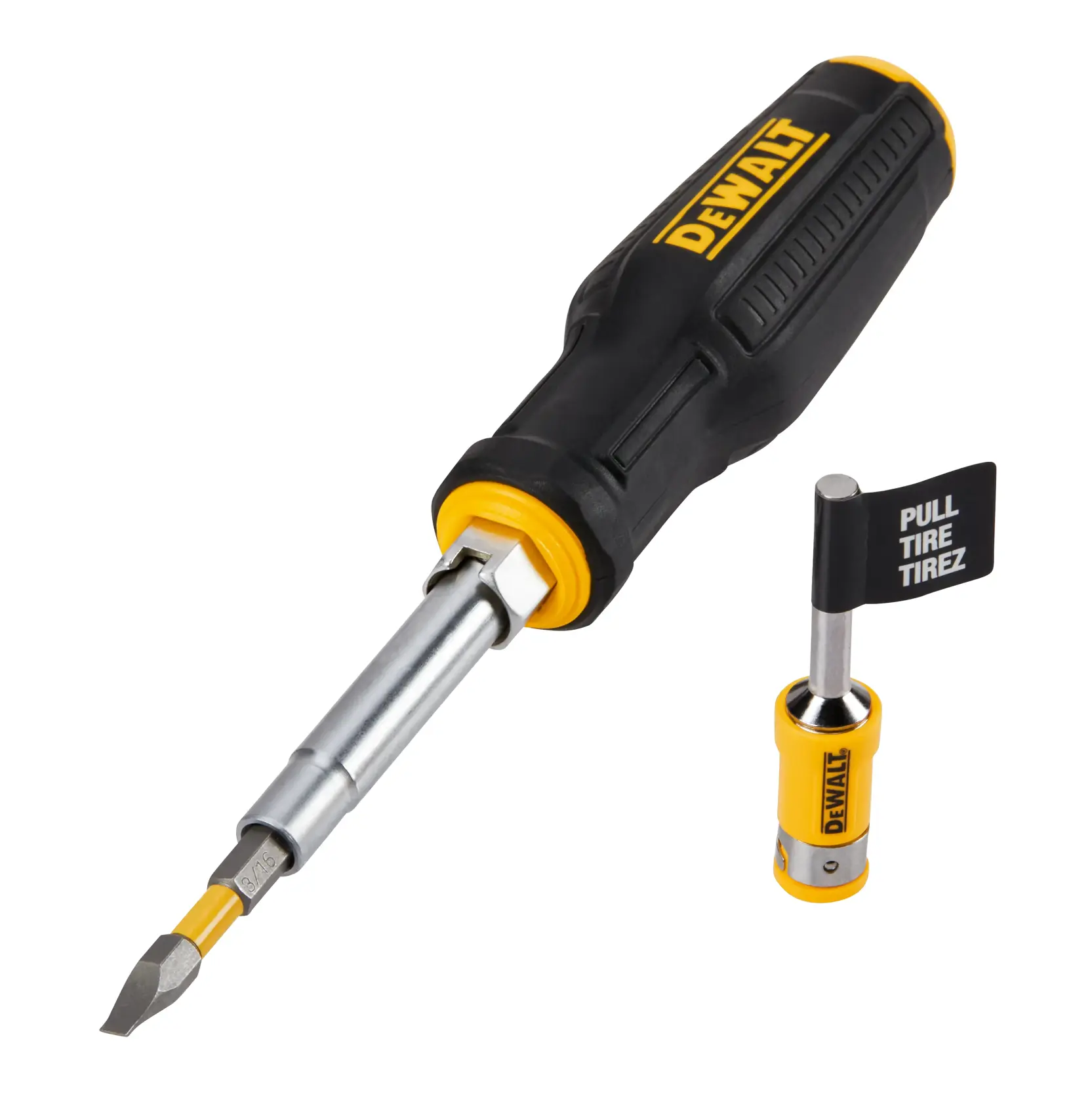 A DEWALT multi-bit screwdriver with a black and yellow handle, and an additional interchangeable bit attachment with a 'Pull Tire Tirez' label.
