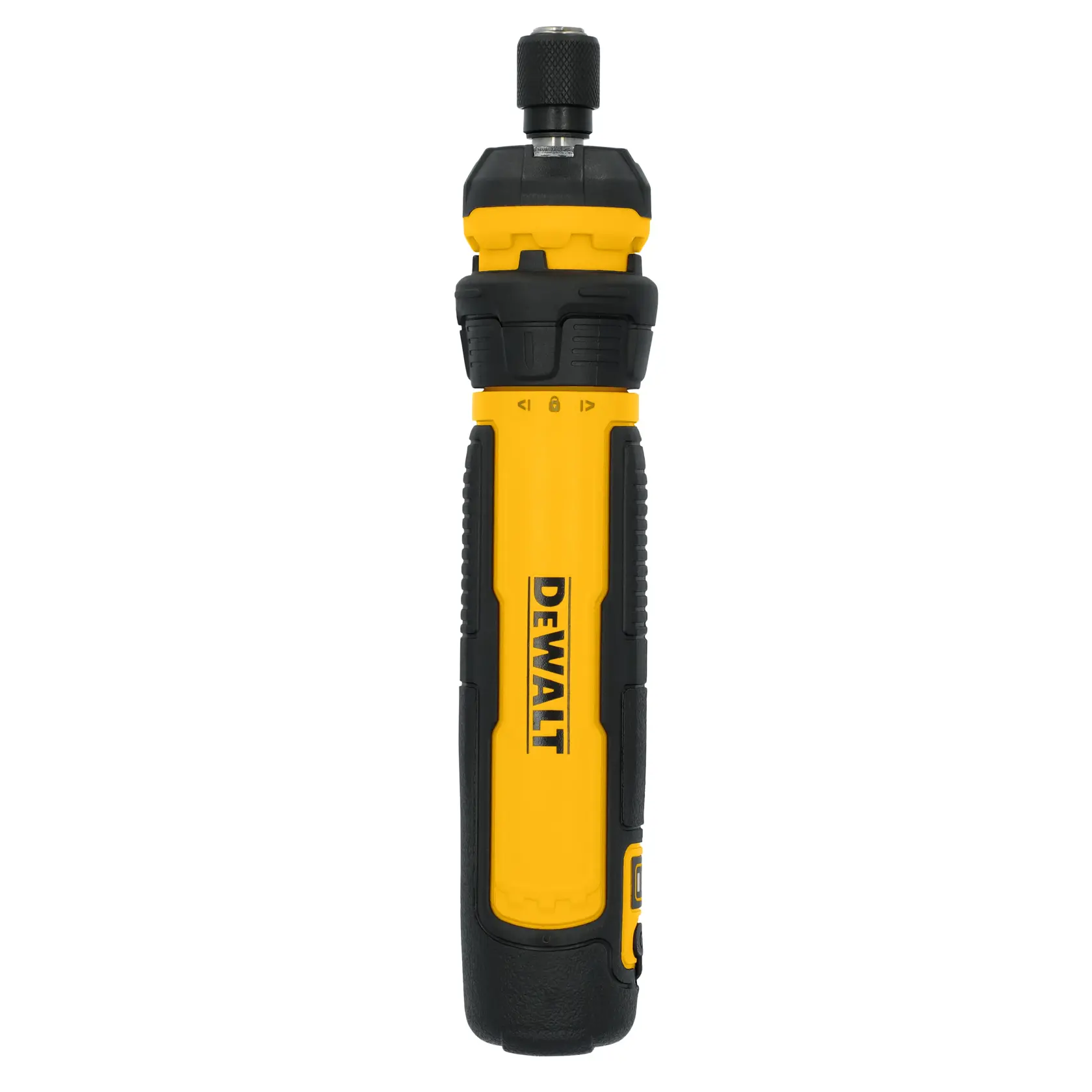 A yellow and black DEWALT hand tool with a cylindrical shape, featuring a rubberized grip and a locking mechanism near the top. The tool is upright and displayed against a white background.