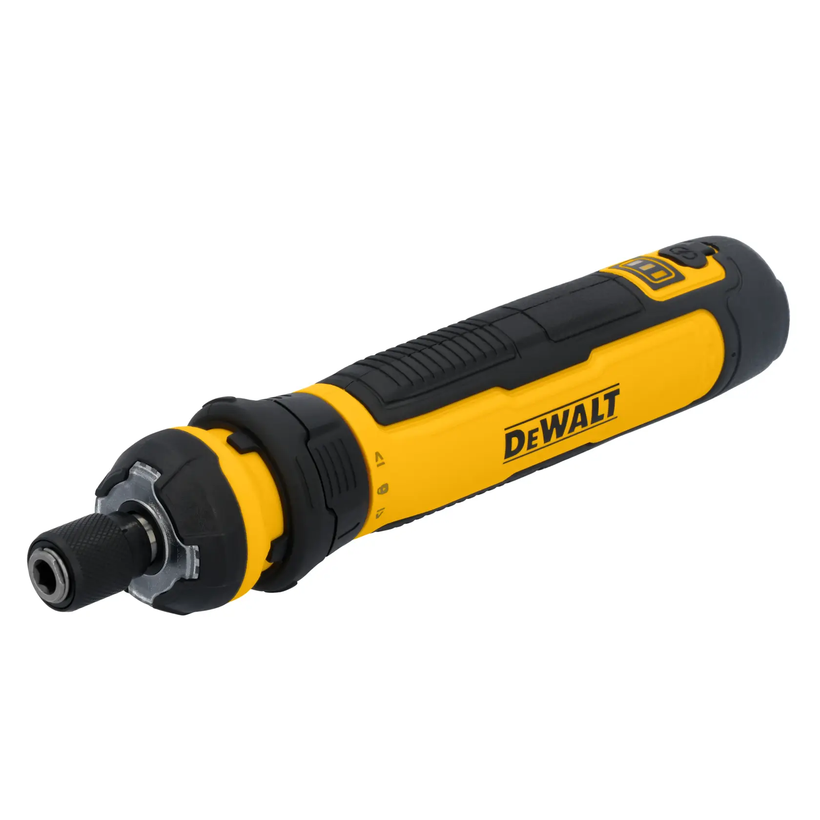 A DEWALT branded yellow and black electric screwdriver, shown at an angle on a white background.