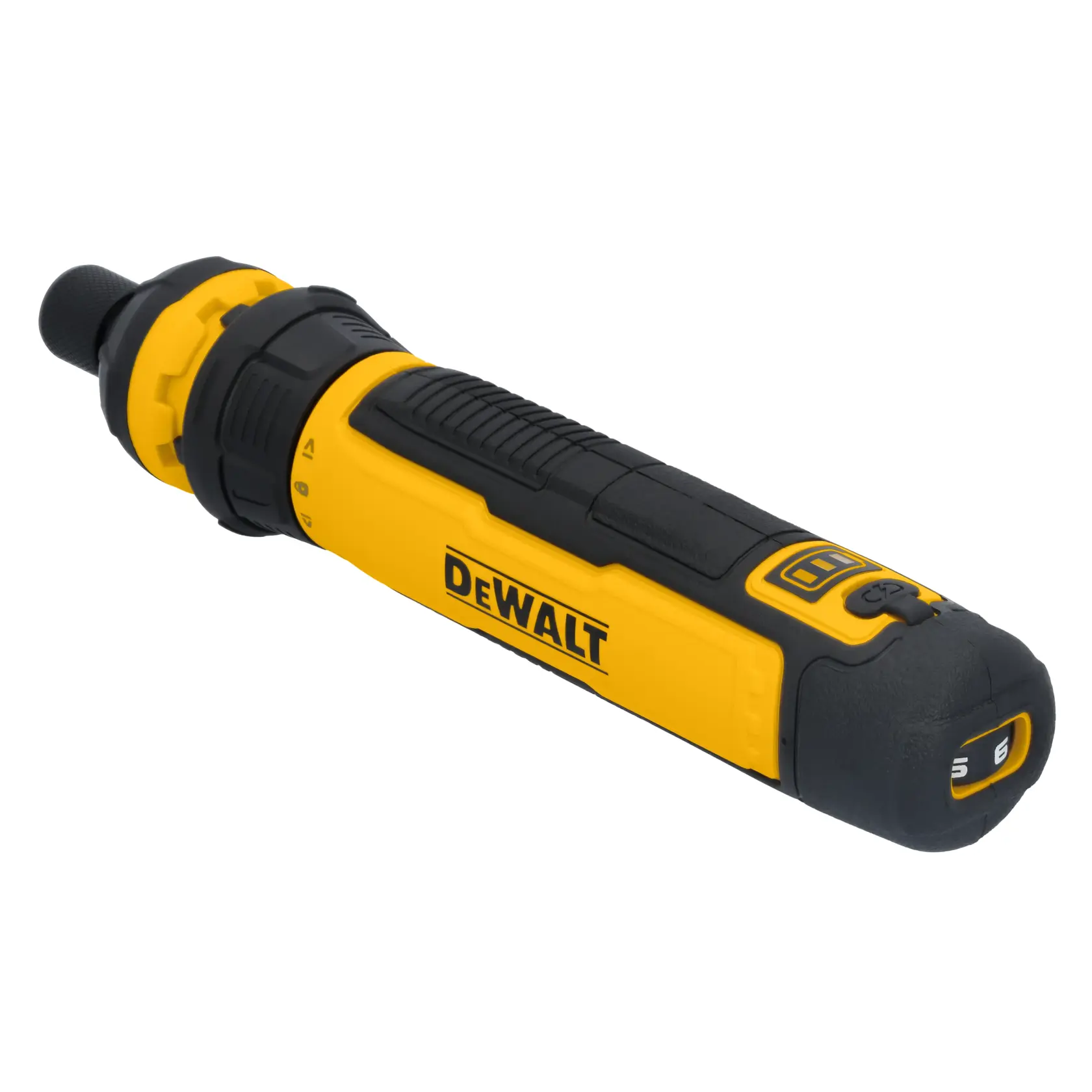 A DEWALT branded yellow and black ratcheting screwdriver with an ergonomic handle and adjustment settings, shown on a white background.
