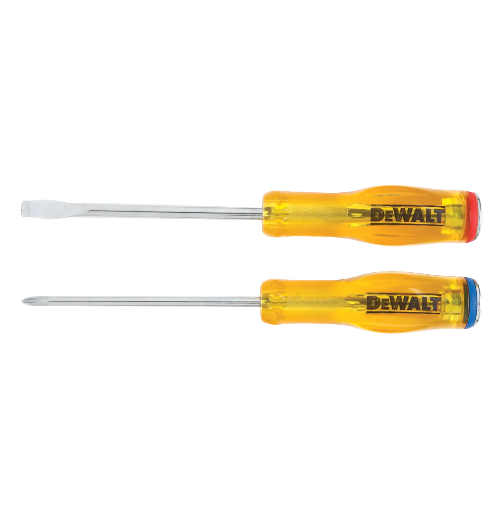 Two DEWALT screwdrivers with transparent yellow handles are shown side by side. One is a flathead screwdriver, and the other is a Phillips head screwdriver. Each handle has the DEWALT logo, with a red marking on the flathead and a blue marking on the Phillips head.