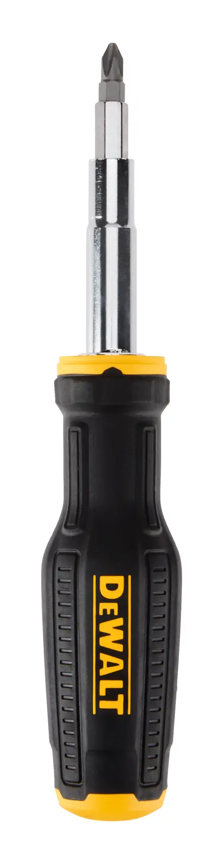 A DEWALT multi-bit screwdriver with a black and yellow ergonomic handle, shown upright on a white background.