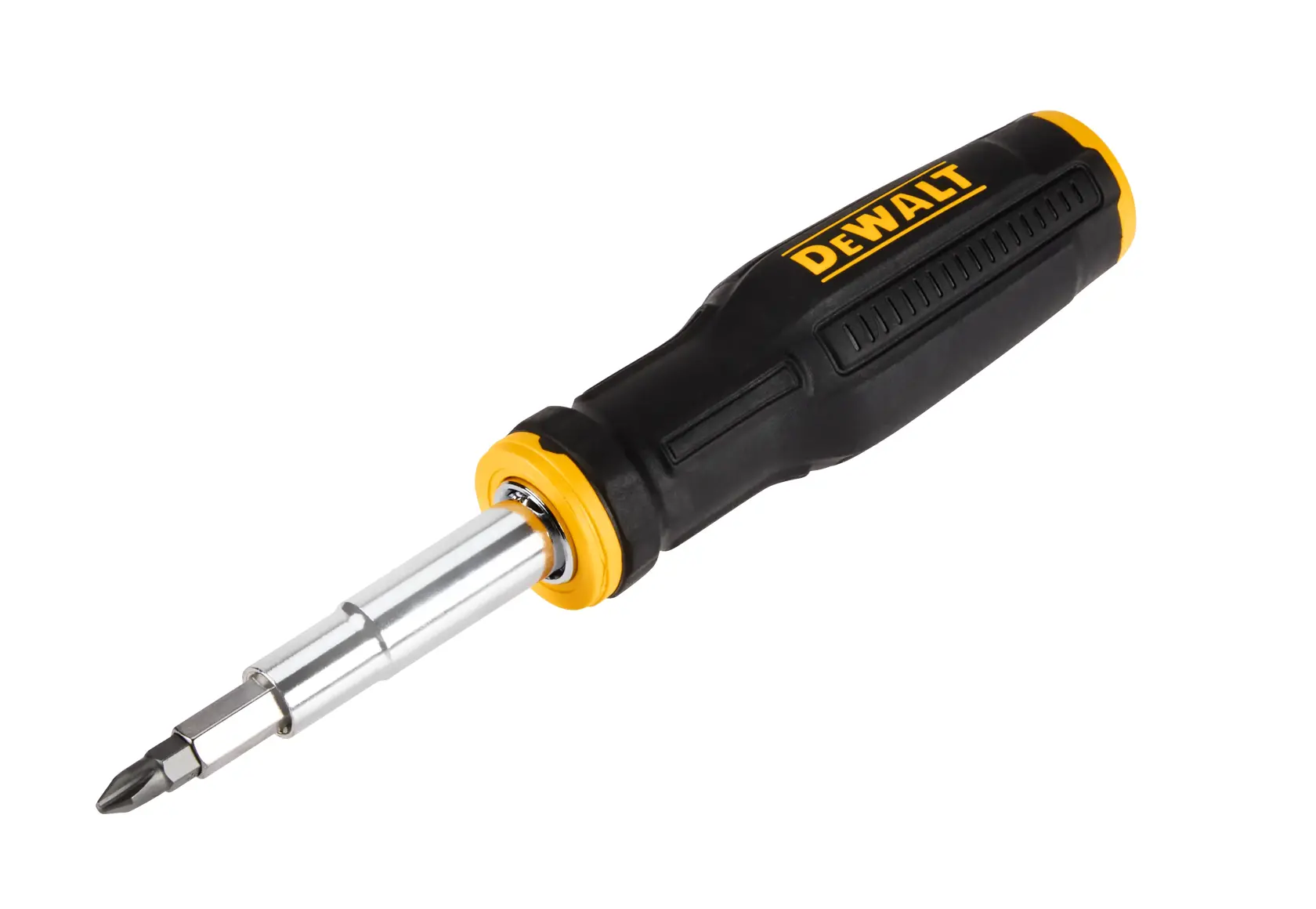 A DEWALT multi-bit screwdriver with a black and yellow handle and a metal shaft, shown on a white background.