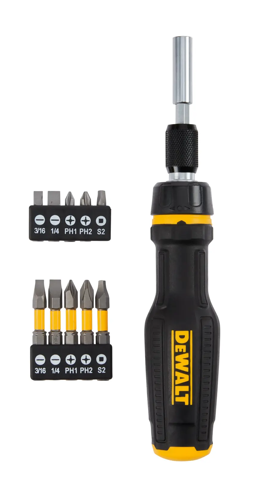 A DEWALT branded screwdriver with a black and yellow handle, shown alongside two small holders containing multiple interchangeable screwdriver bits of different types and sizes.