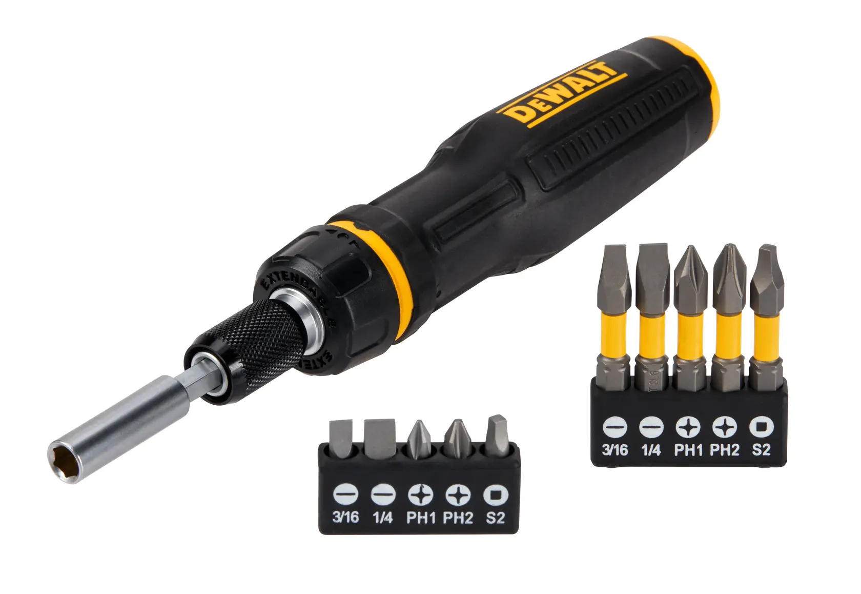 A DEWALT branded hand screwdriver with a black and yellow handle, shown with two sets of interchangeable screwdriver bits displayed in front of it.