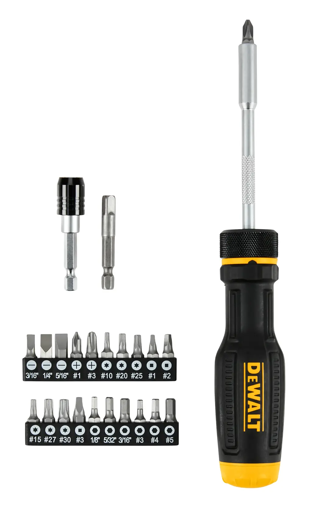 A DEWALT screwdriver with a black and yellow handle is shown alongside multiple interchangeable bits and accessories. The set includes a variety of screwdriver bits organized in two rows, and two additional attachments for different uses.