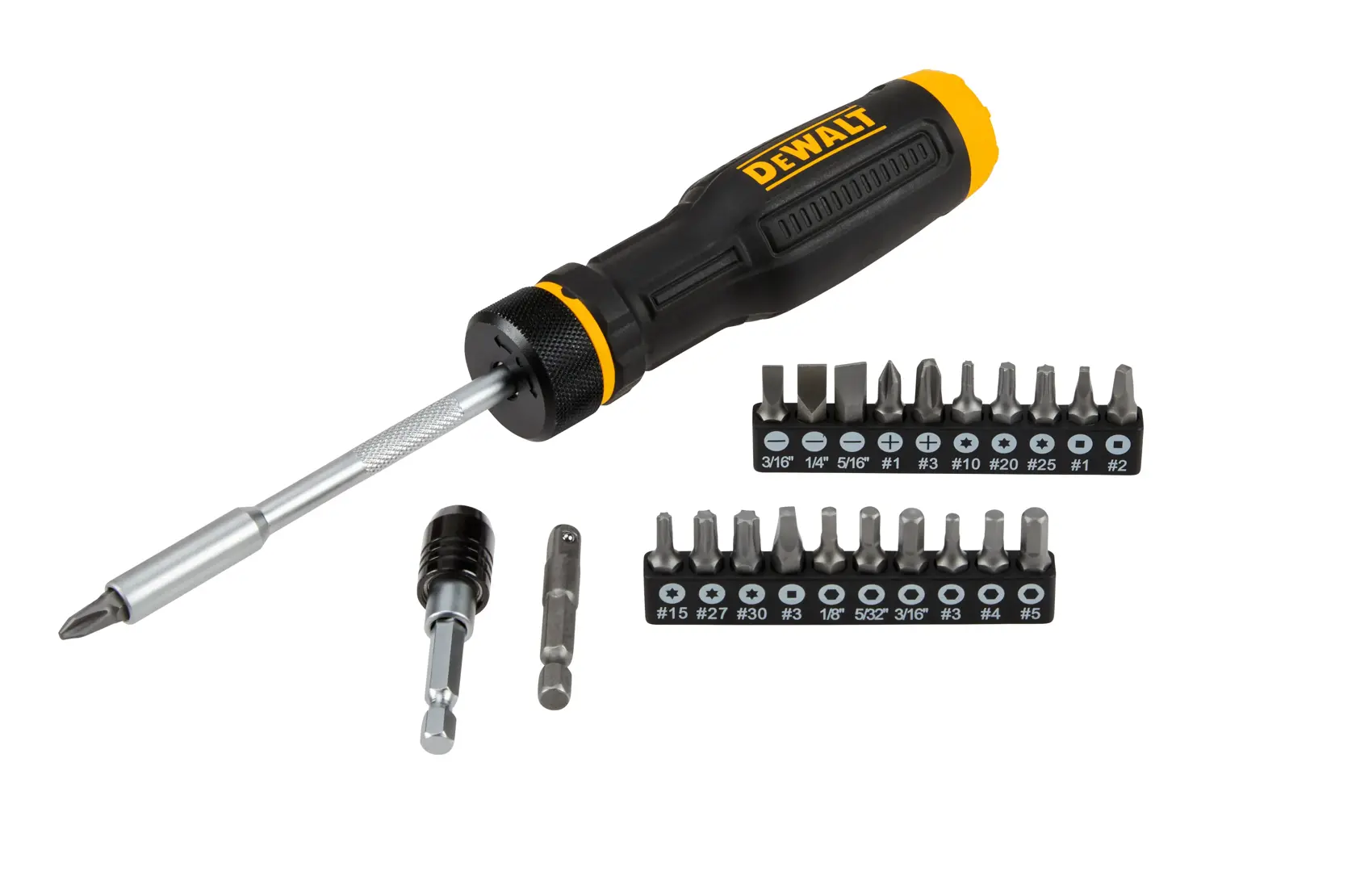 A DEWALT screwdriver set with a black and yellow handle, featuring interchangeable bits and accessories. The set includes a screwdriver, two bit holders with various screwdriver bits, and two additional tool accessories.