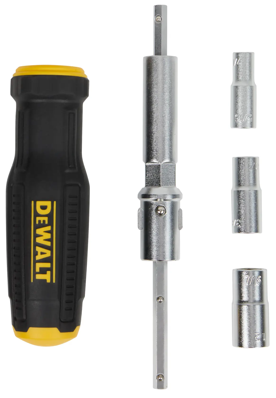 A DEWALT branded multi-bit screwdriver set with a black and yellow handle, a metallic shaft, and three interchangeable socket bits arranged alongside the tool.