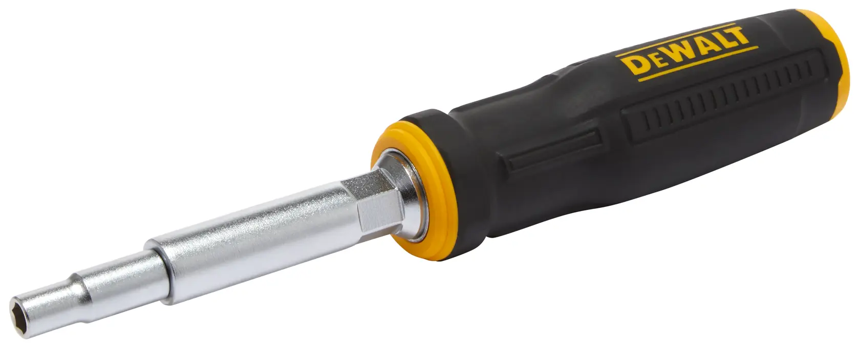 A DEWALT multi-bit screwdriver with a black and yellow ergonomic handle and metal shaft.
