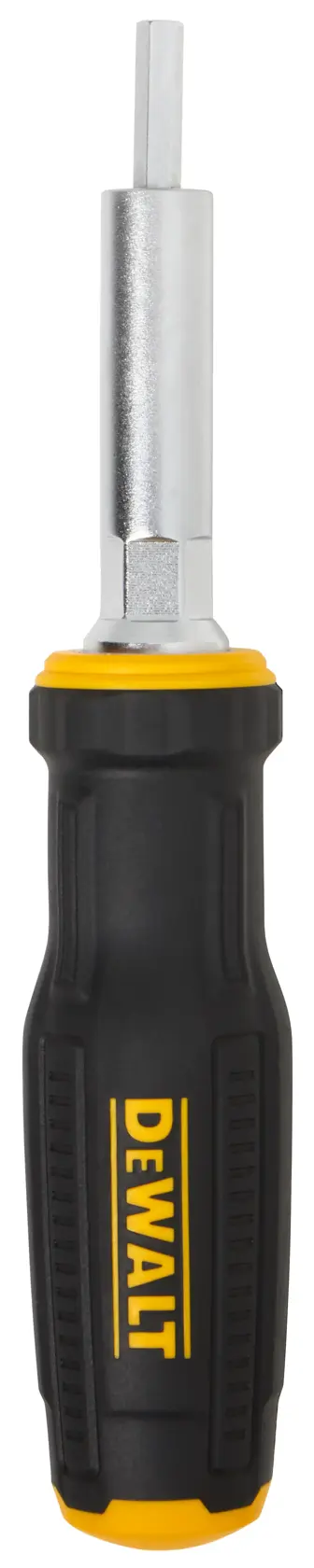 A DEWALT multi-bit screwdriver with a black and yellow ergonomic handle and a metallic shaft, shown upright on a white background.
