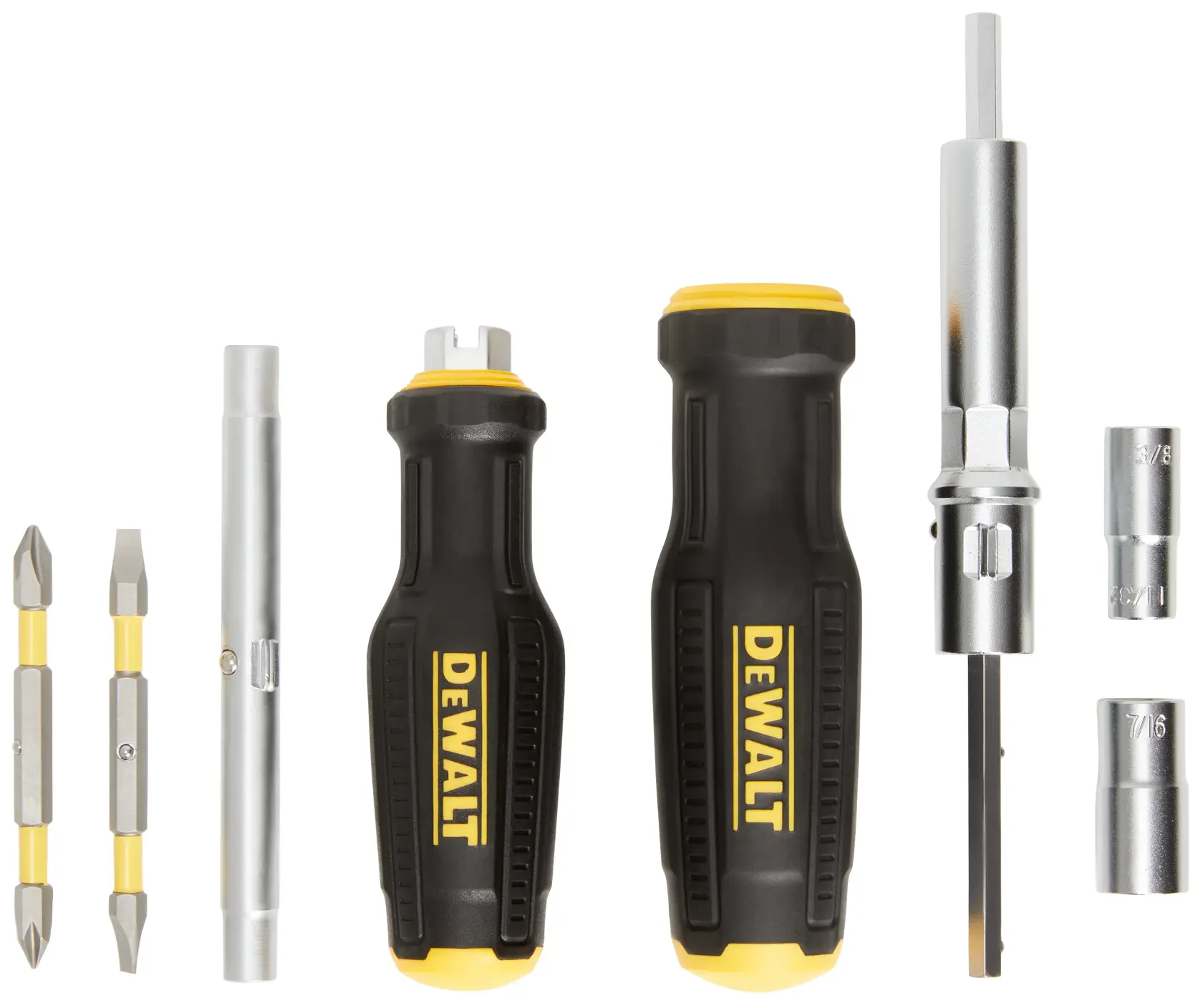 A DEWALT multi-bit screwdriver set including interchangeable bits, two black and yellow screwdrivers with DEWALT branding, metallic bit holders, and two socket attachments, arranged neatly on a white background.