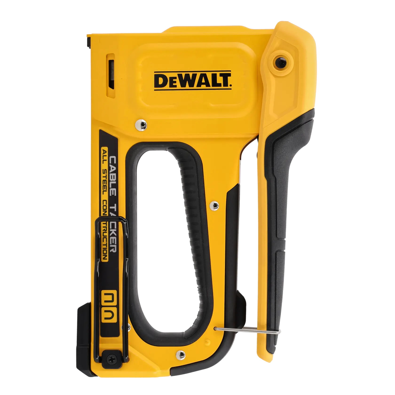 A yellow and black DeWalt cable tacker staple gun, designed for securing cables, with an ergonomic handle and steel construction.