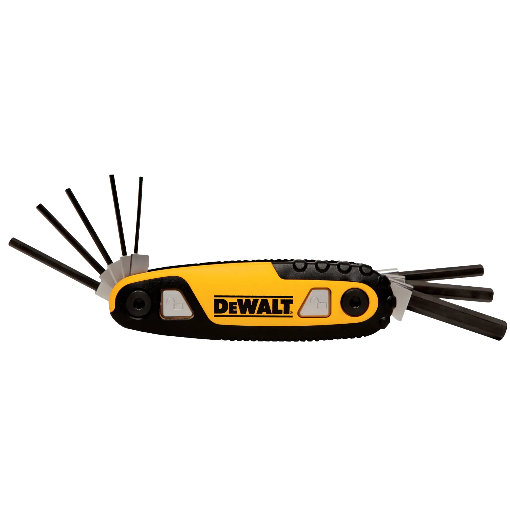 A DEWALT folding hex key set with several black hex keys extended from a yellow and black handle.