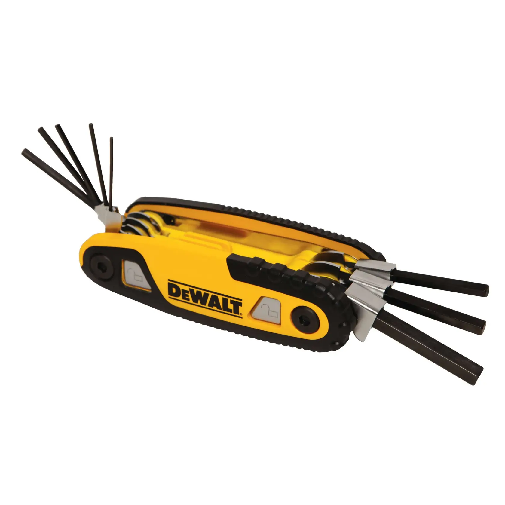 A yellow and black DEWALT folding hex key set with multiple hex keys extended on each side. The tool has a compact, ergonomic design and the DEWALT logo is visible on the handle.