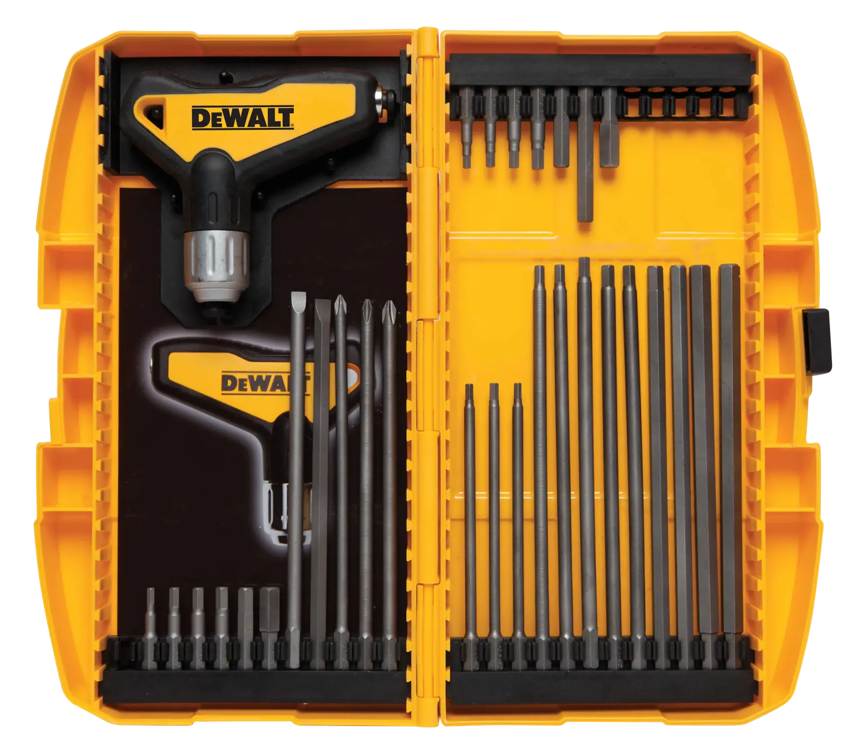 A DEWALT branded yellow and black screwdriver set in a yellow plastic case, containing two T-handle screwdrivers and various screwdriver bits organized in slots.