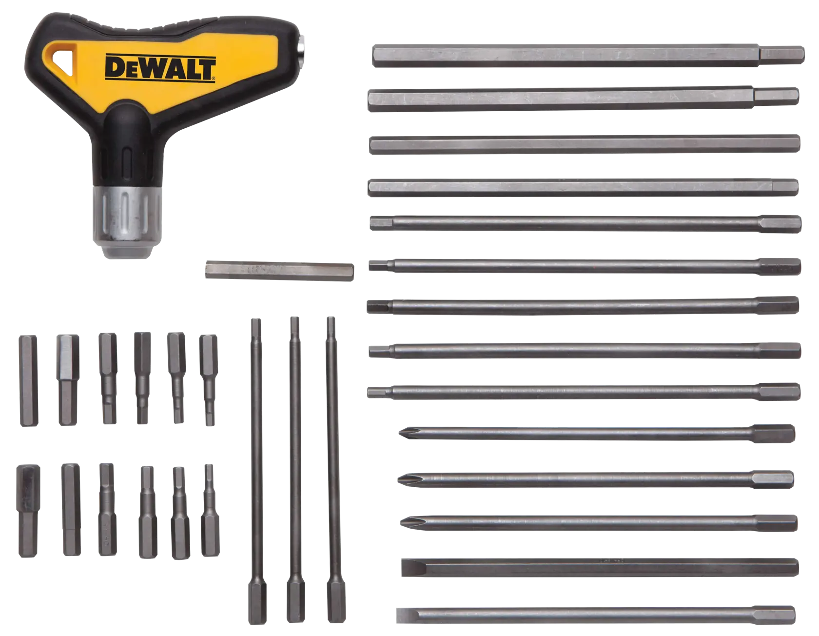 A DEWALT branded yellow and black T-handle screwdriver set with multiple interchangeable steel bits arranged neatly. The kit includes various lengths and types of bits for different applications.