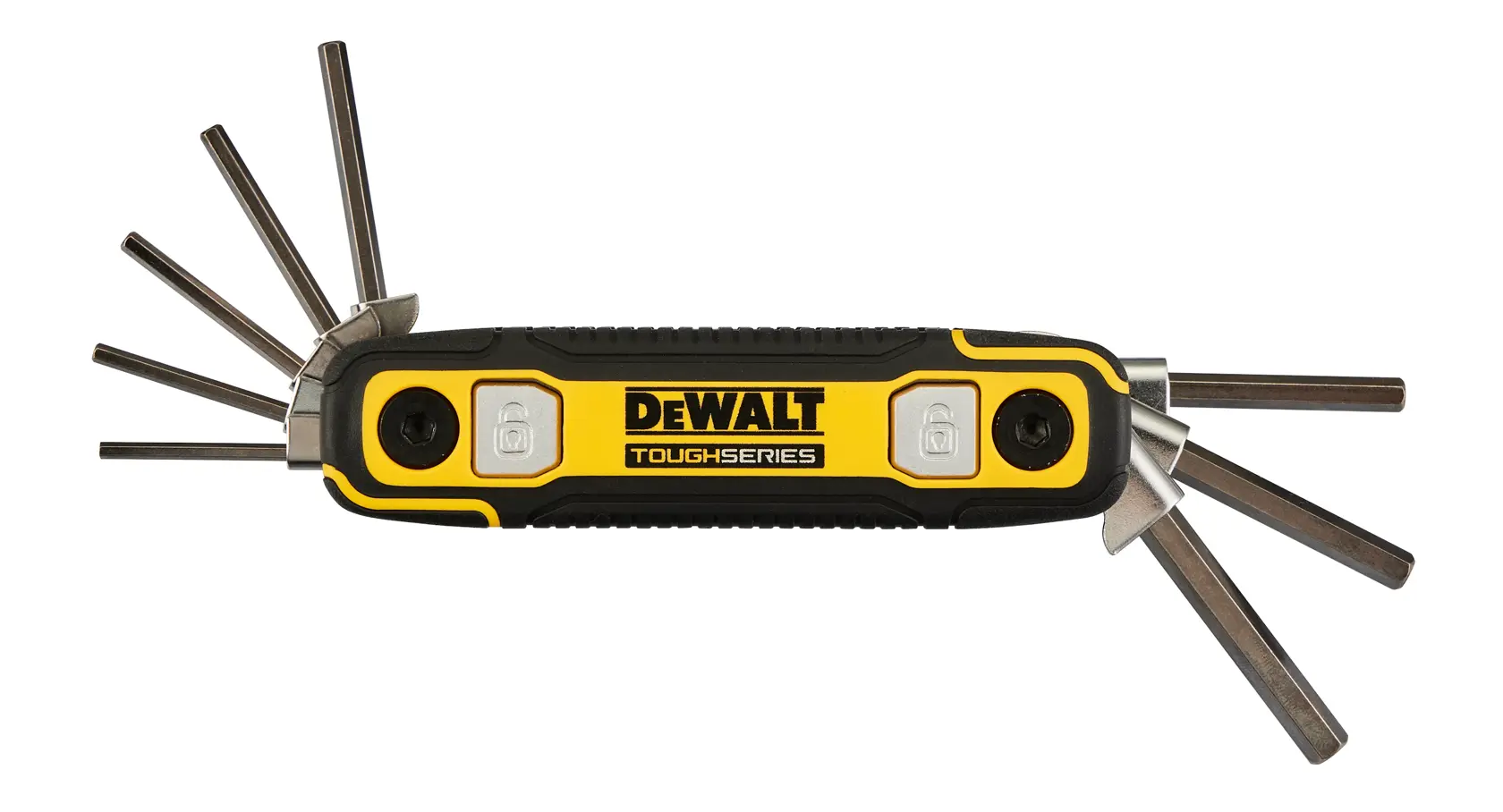 A DEWALT ToughSeries folding hex key set tool with several metal hex keys extended from both sides of a black and yellow handle.