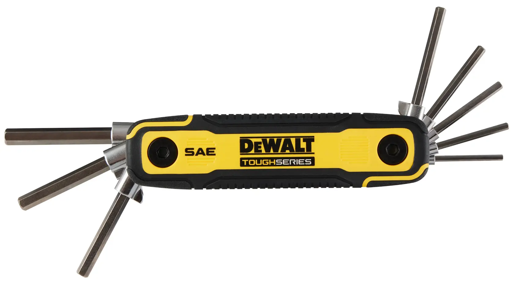 A DEWALT ToughSeries SAE folding hex key set with multiple steel hex keys extended from a yellow and black handle.