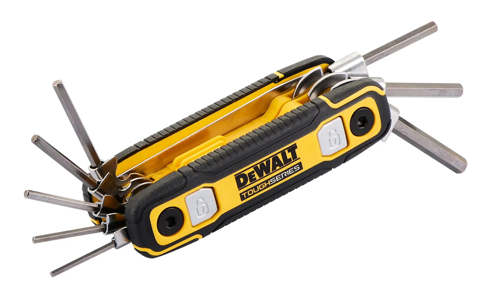A DEWALT ToughSeries folding hex key set with multiple hex keys extended from a yellow and black handle.